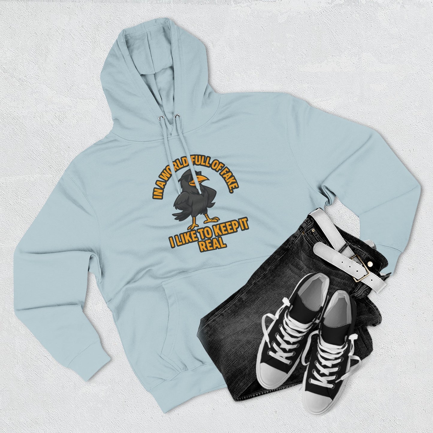Three-Panel Hoodie — Funny Ostrich "I Like to Keep It Real" Graphic