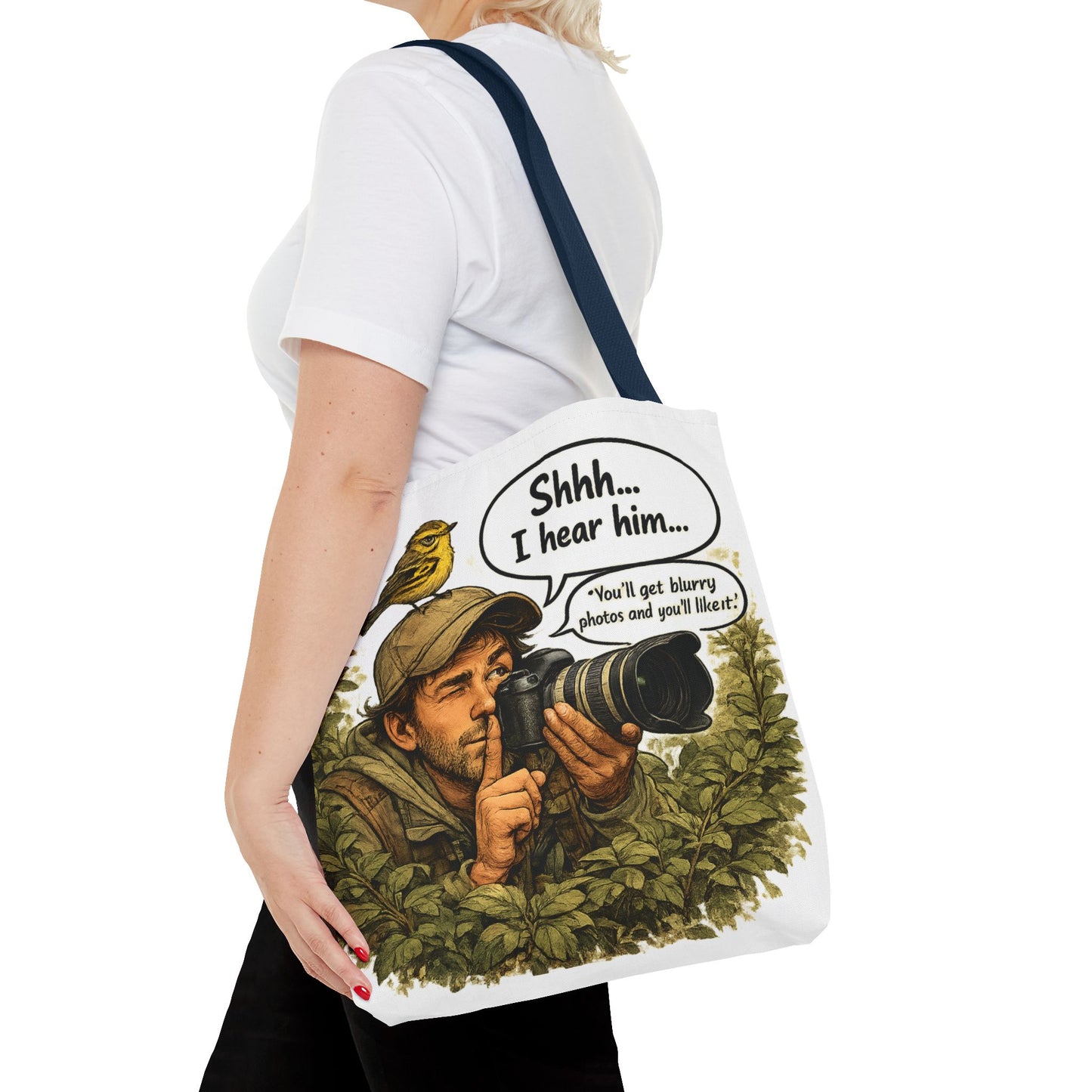 Wildlife Photographer Tote Bag – "Shhh... I hear him" Birdwatching Camera Print