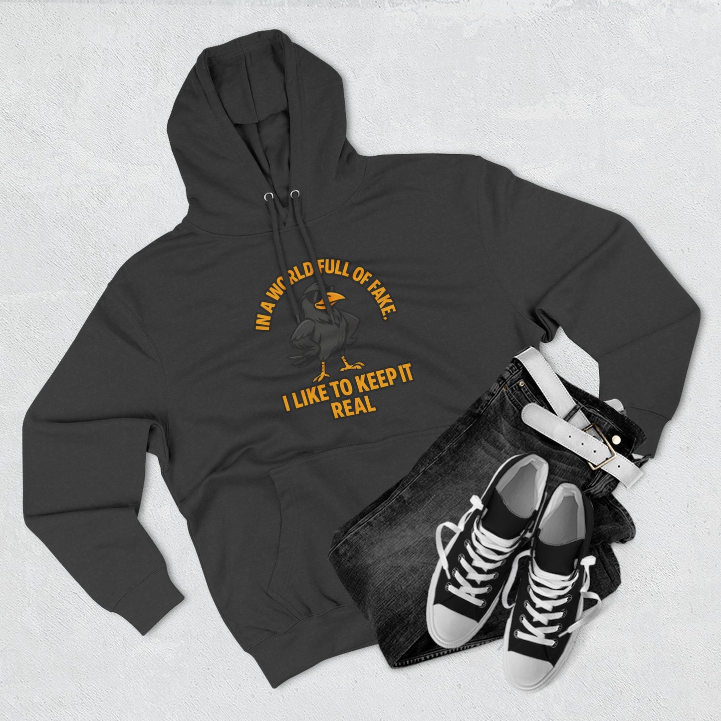 Three-Panel Hoodie — Funny Ostrich "I Like to Keep It Real" Graphic
