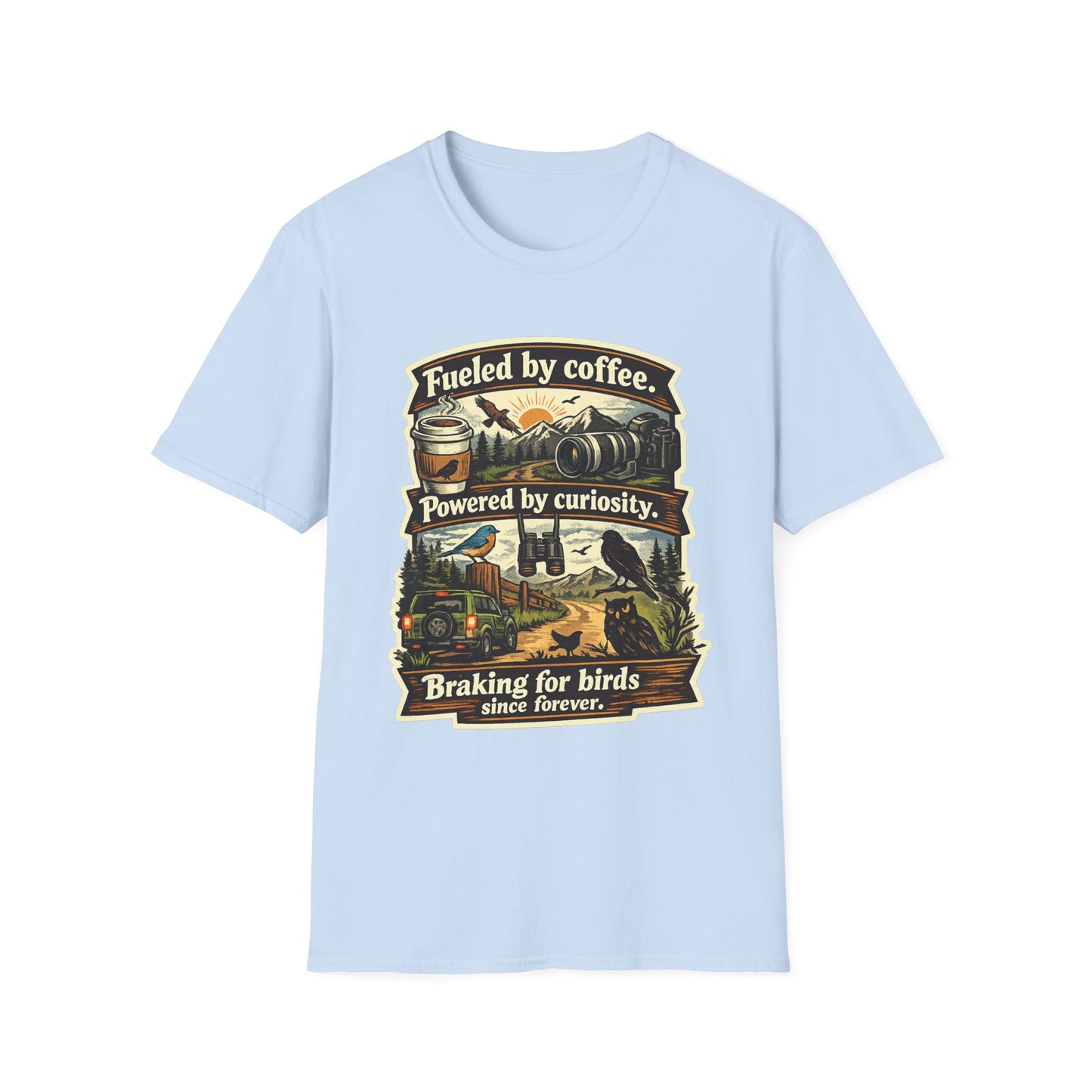 Birdwatcher Graphic T-Shirt — "Fueled by Coffee. Powered by Curiosity. Braking for Birds."