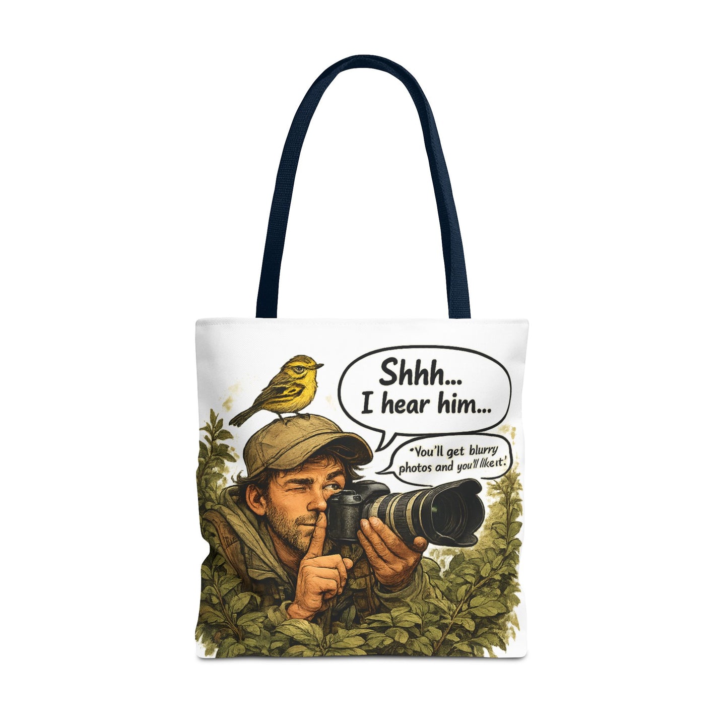 Wildlife Photographer Tote Bag – "Shhh... I hear him" Birdwatching Camera Print