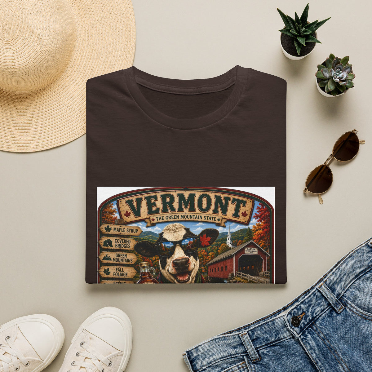 Vermont Vintage Travel T‑Shirt — Retro State Sign & Cow Design