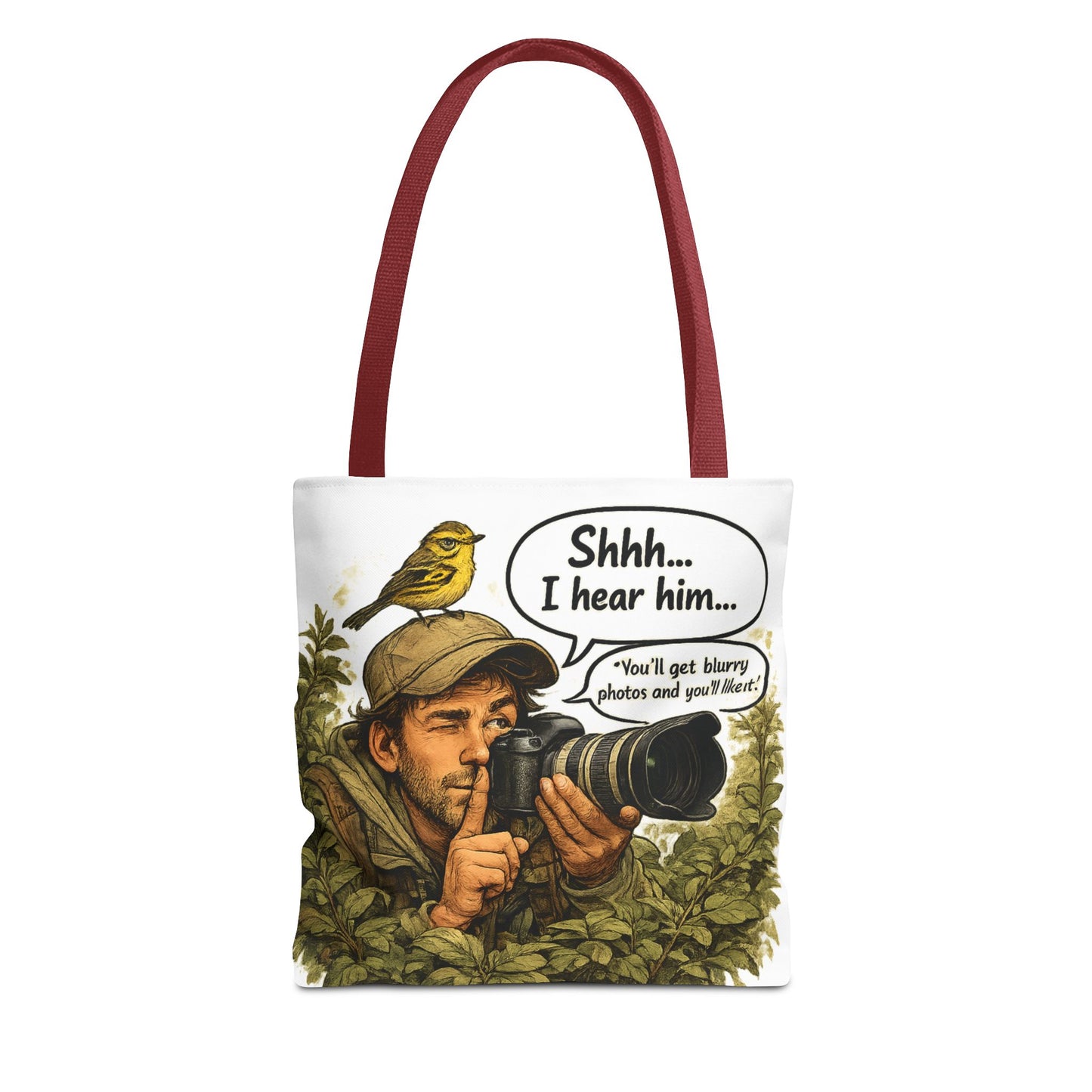 Wildlife Photographer Tote Bag – "Shhh... I hear him" Birdwatching Camera Print