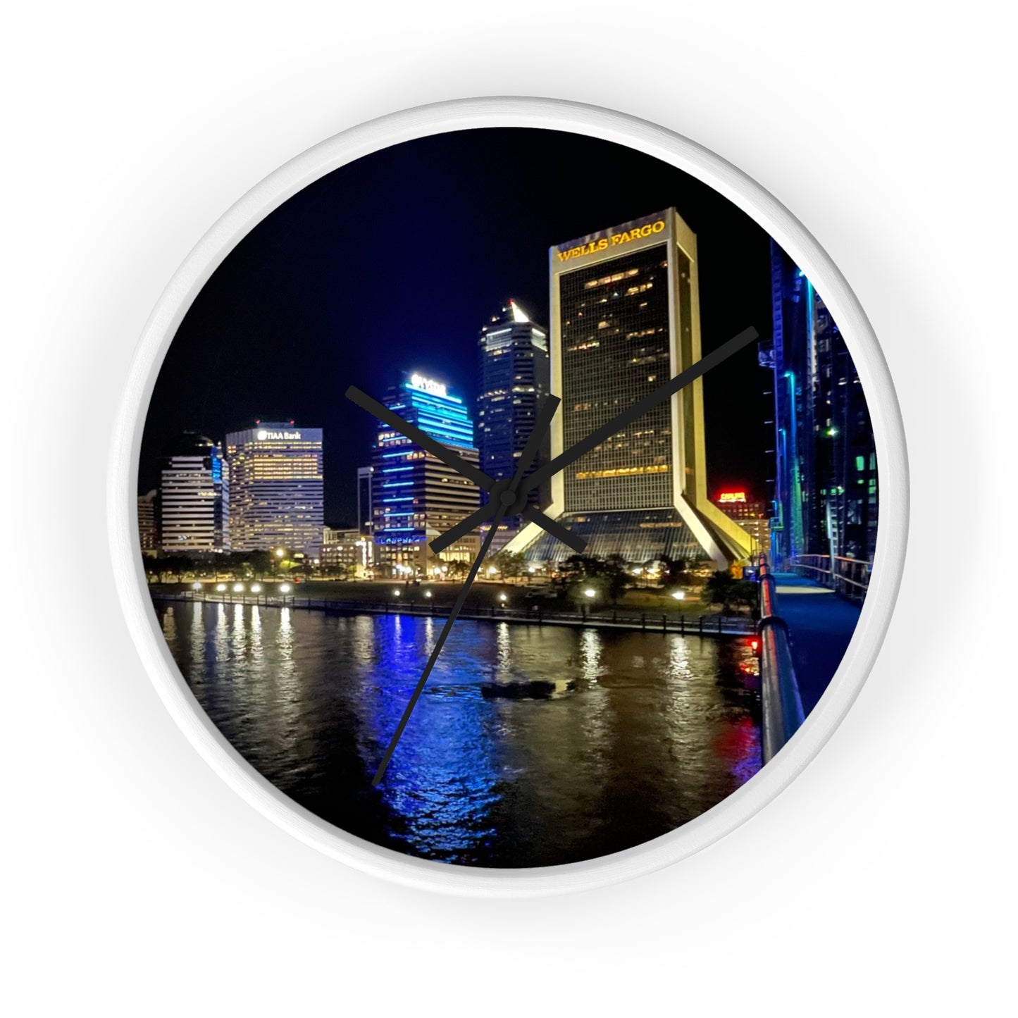 City Nightscape Wall Clock — Illuminated Skyline Reflection Clock for Modern Home Décor