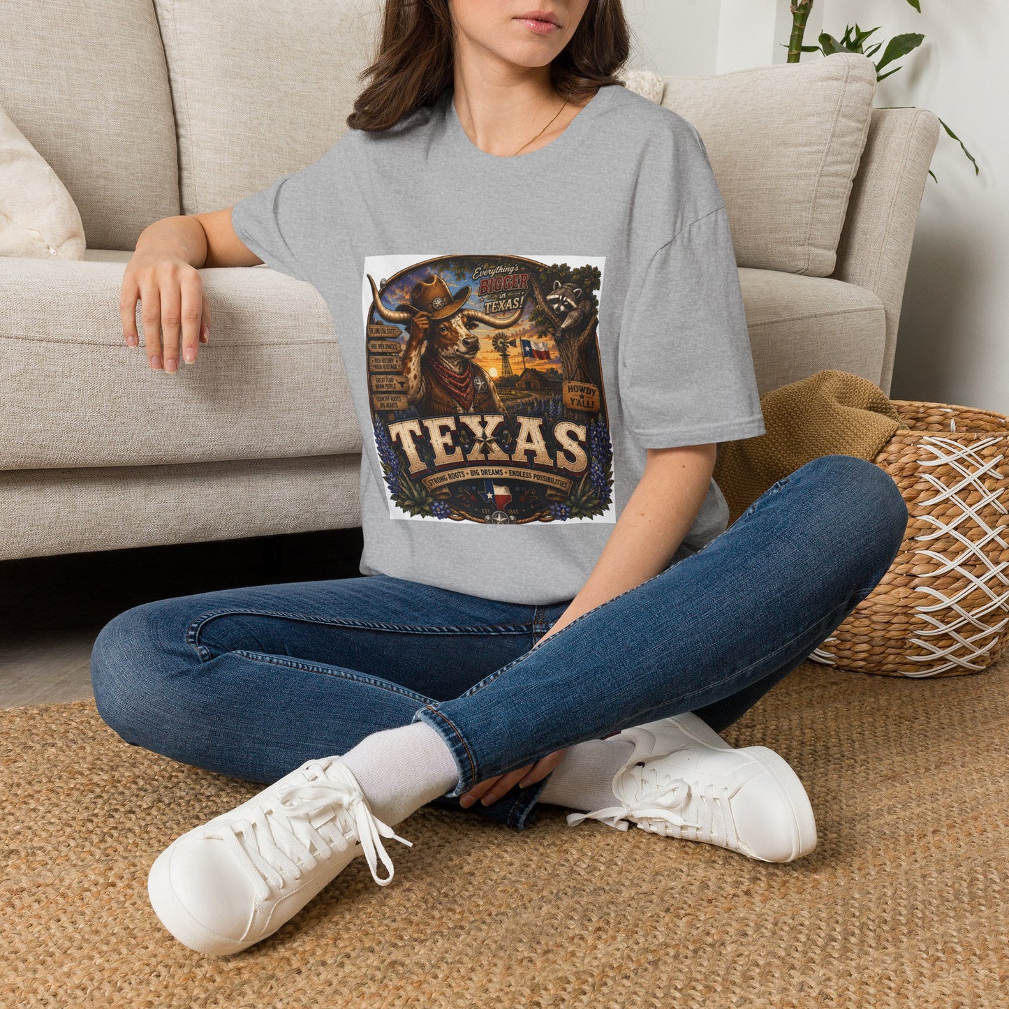 Texas Retro Cowboy T-Shirt — Vintage Longhorn & Raccoon Road Sign Design