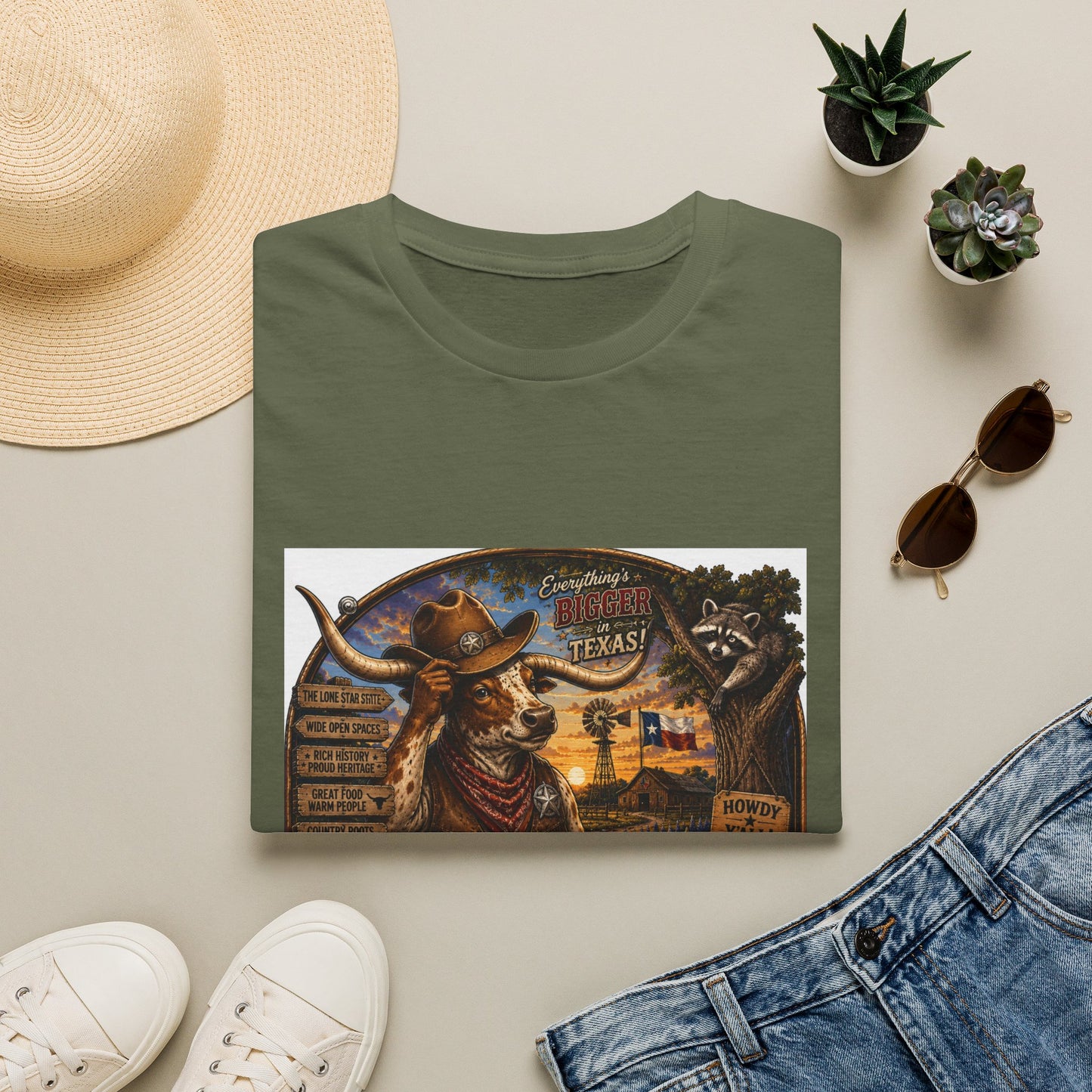 Texas Retro Cowboy T-Shirt — Vintage Longhorn & Raccoon Road Sign Design