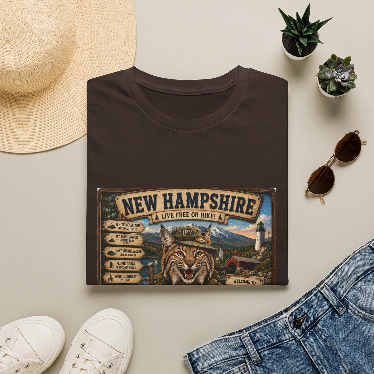 New Hampshire T-Shirt — 'Live Free or Hike' Vintage Mountain Bobcat Design
