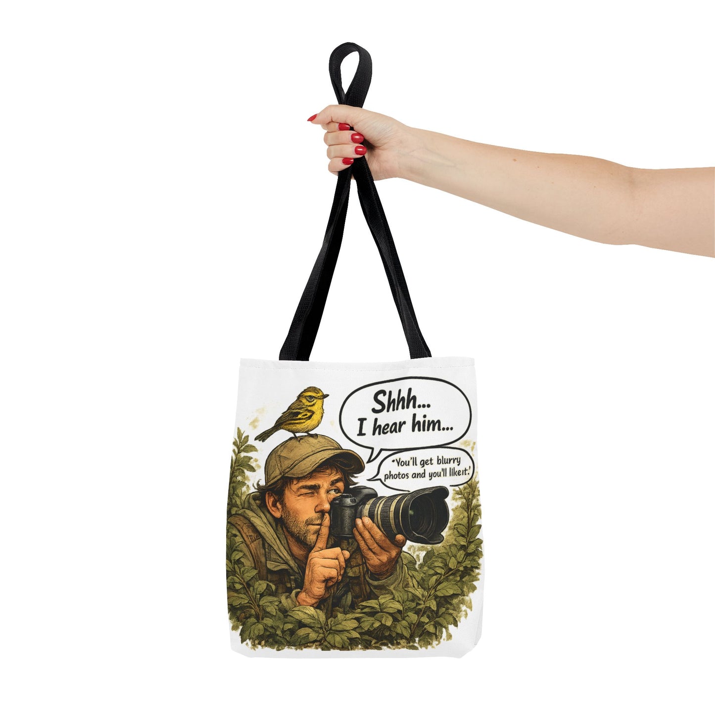 Wildlife Photographer Tote Bag – "Shhh... I hear him" Birdwatching Camera Print