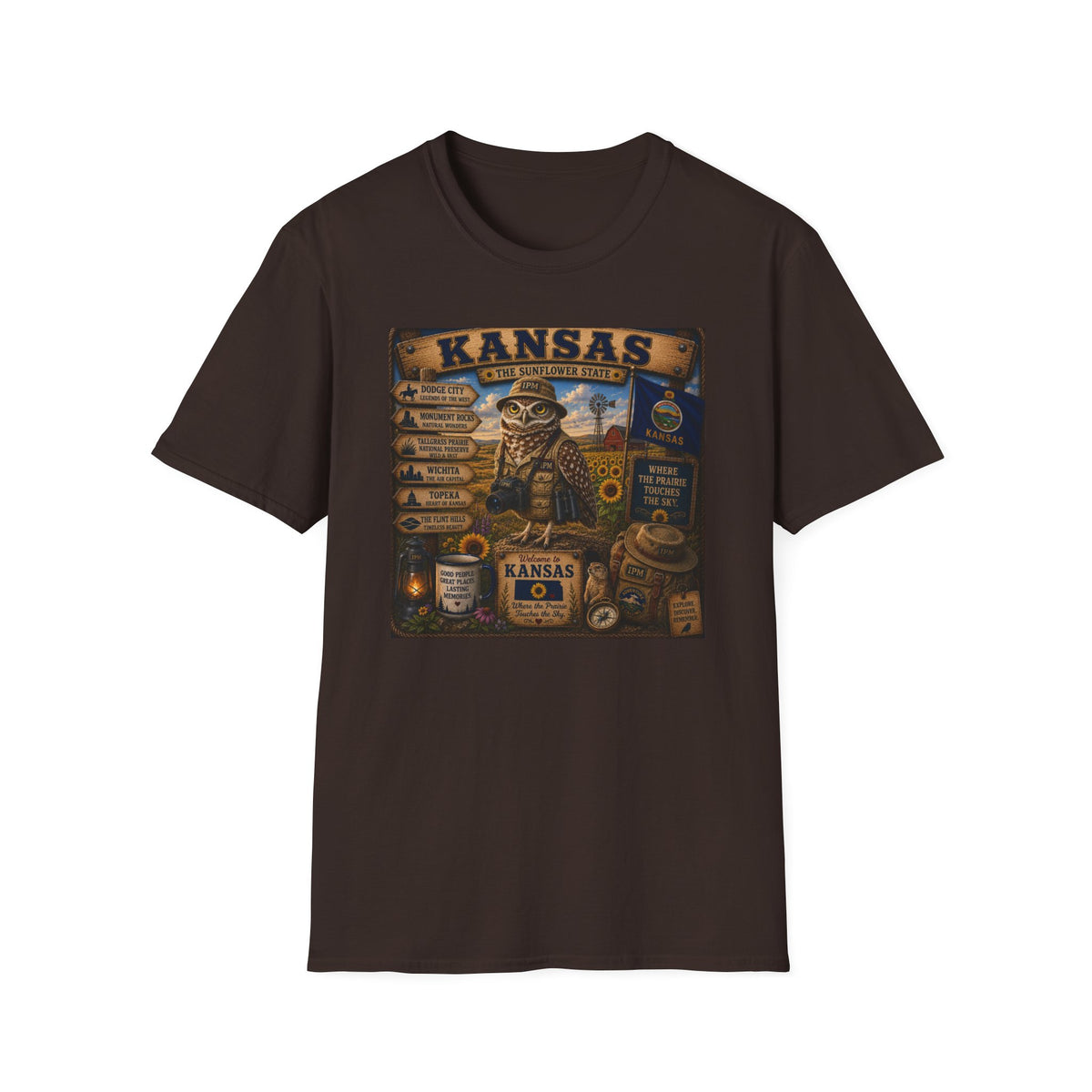 Kansas Vintage State Map T‑Shirt — Sunflower State Owl Design
