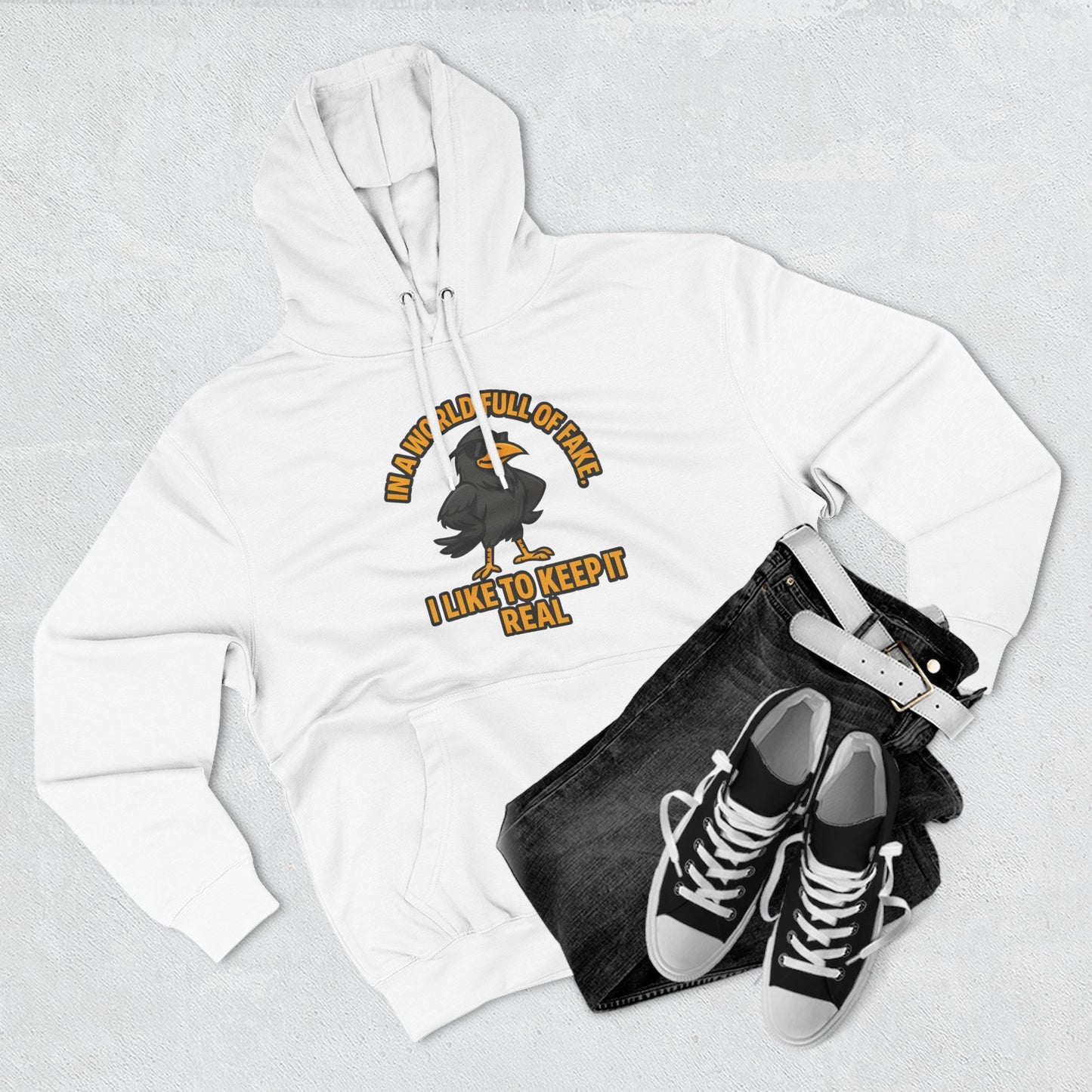 Three-Panel Hoodie — Funny Ostrich "I Like to Keep It Real" Graphic