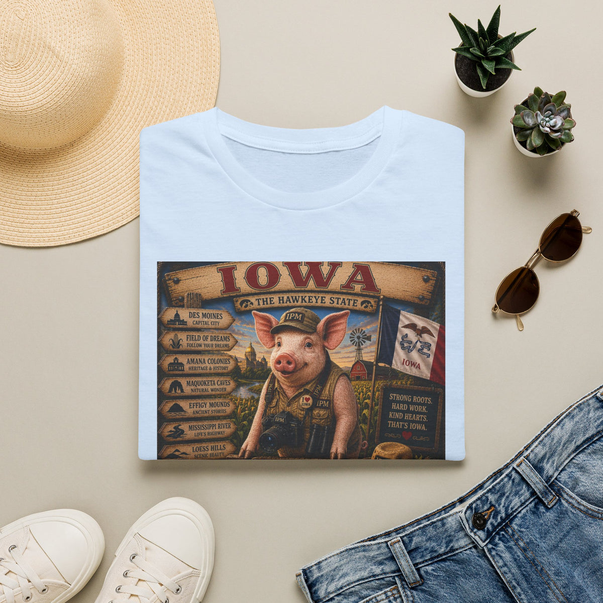 Iowa Pig State Map T-Shirt — Hawkeye State Travel Souvenir Tee