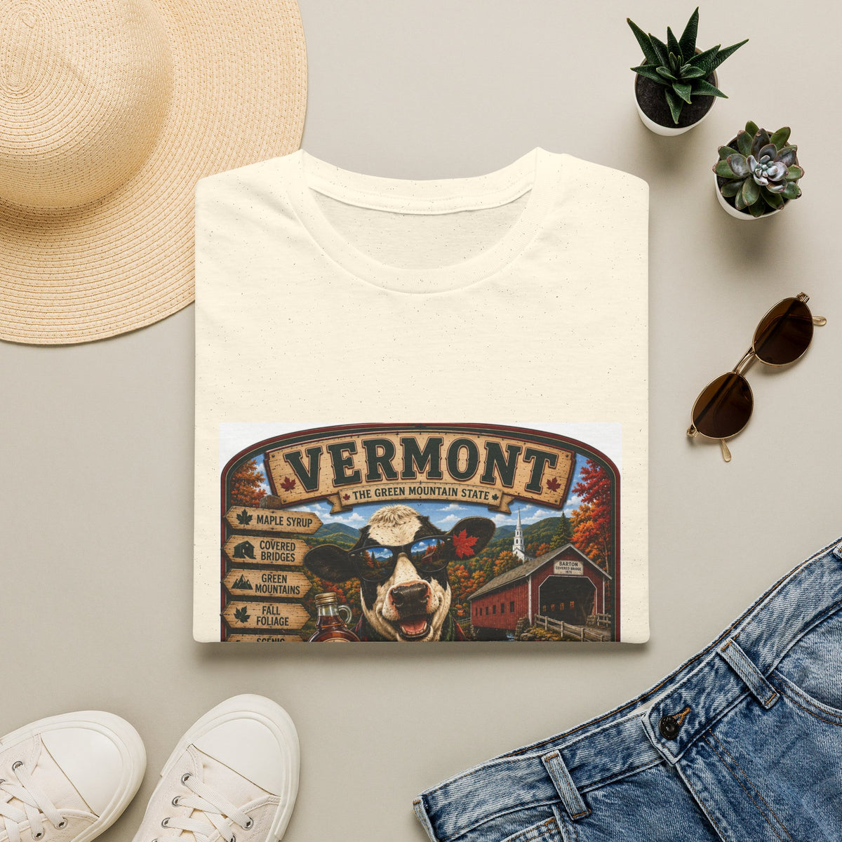 Vermont Vintage Travel T‑Shirt — Retro State Sign & Cow Design