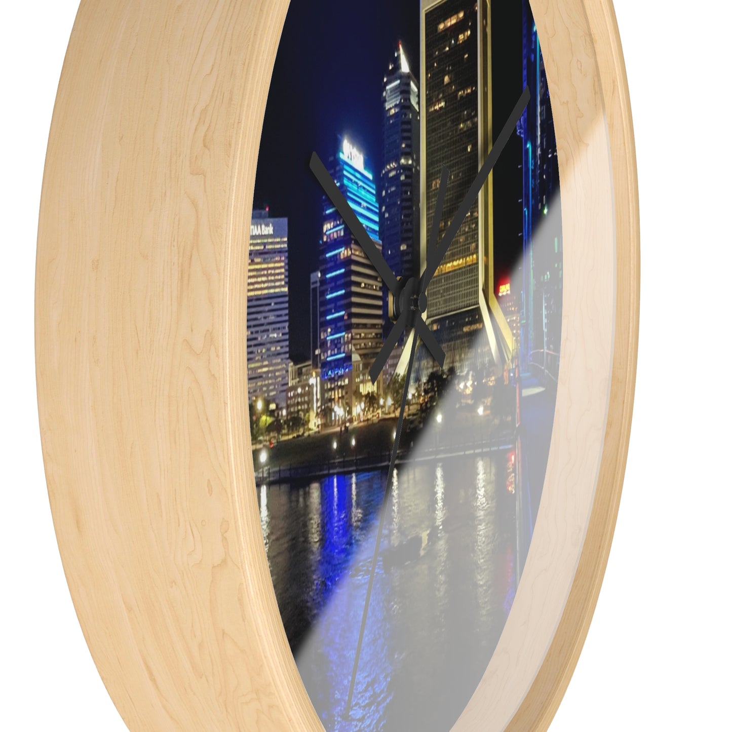 City Nightscape Wall Clock — Illuminated Skyline Reflection Clock for Modern Home Décor