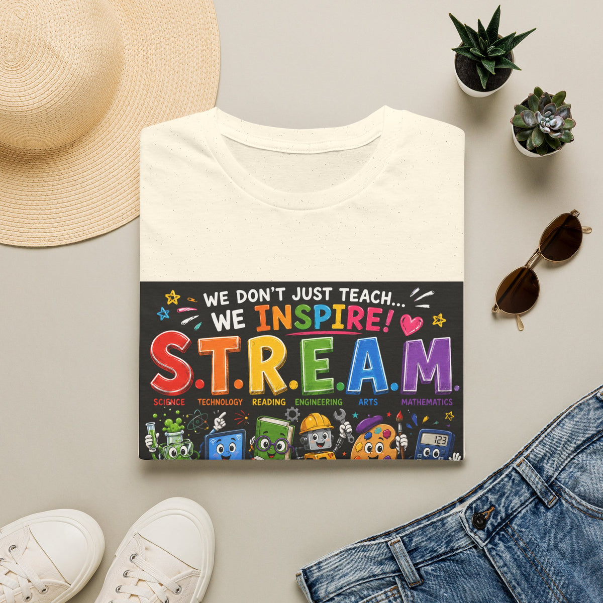 S.T.R.E.A.M. Teacher T-Shirt — We Don’t Just Teach, We Inspire | Colorful STEM/Arts Educator Tee