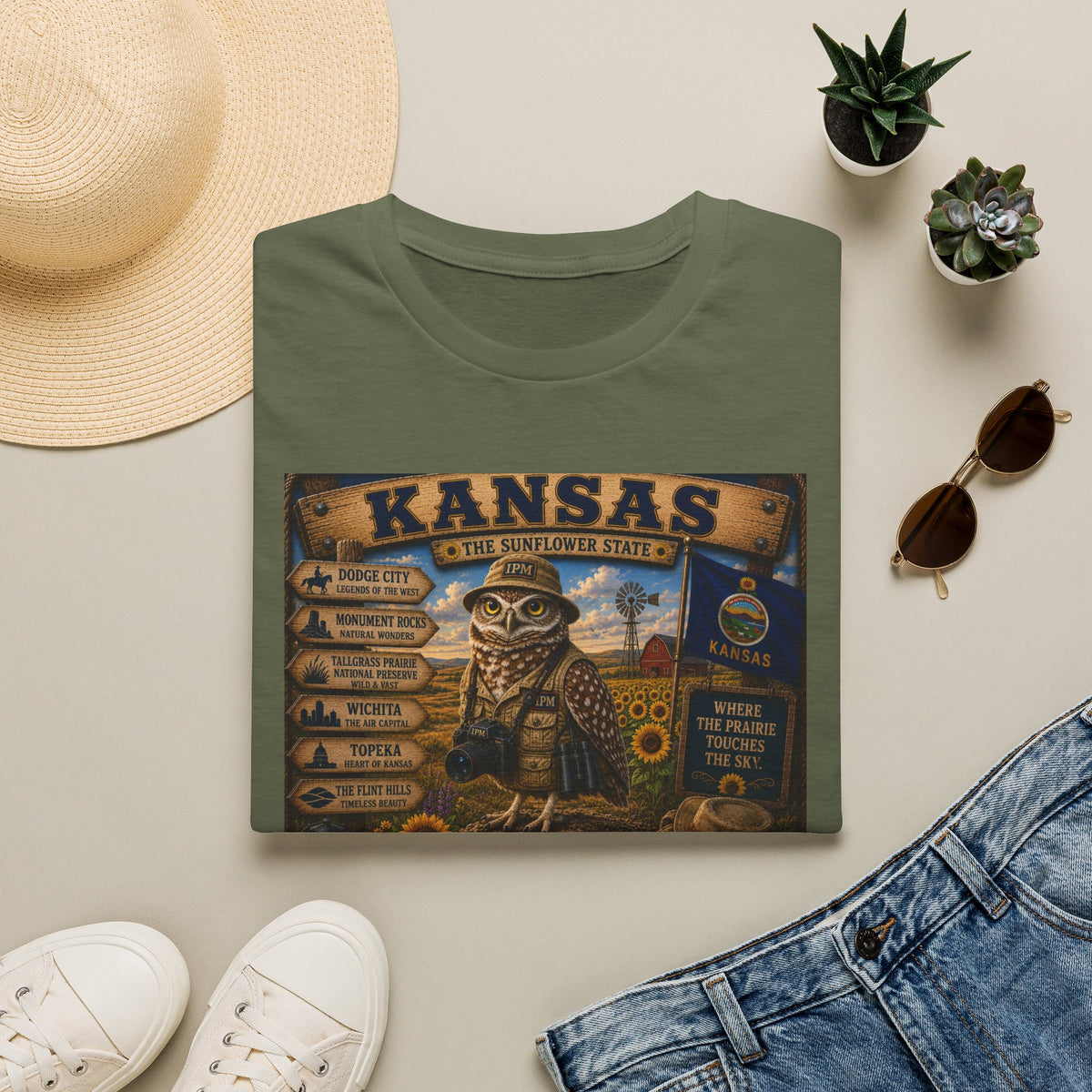 Kansas Vintage State Map T‑Shirt — Sunflower State Owl Design