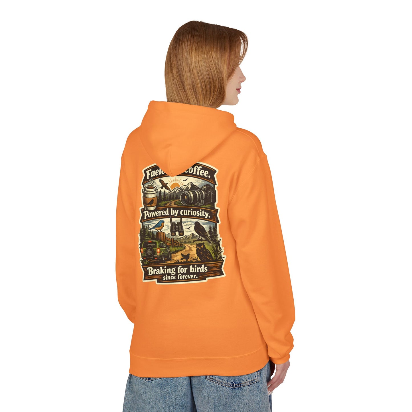 Hoodie — "Fueled by Coffee, Powered by Curiosity, Braking for Birds" Vintage Adventure Graphic
