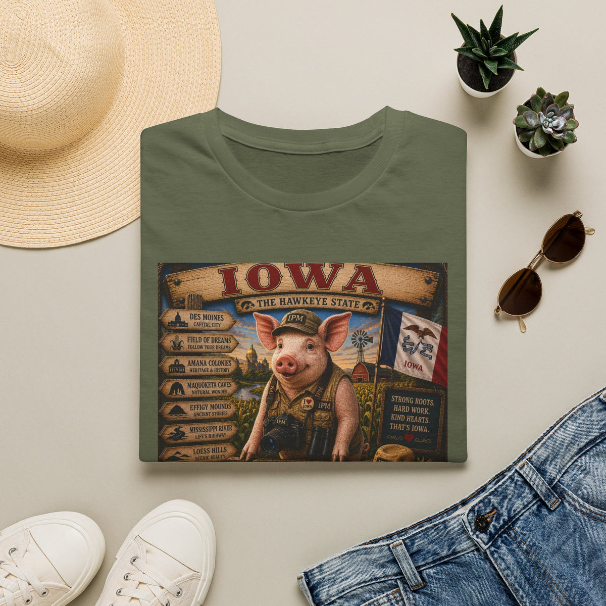 Iowa Pig State Map T-Shirt — Hawkeye State Travel Souvenir Tee