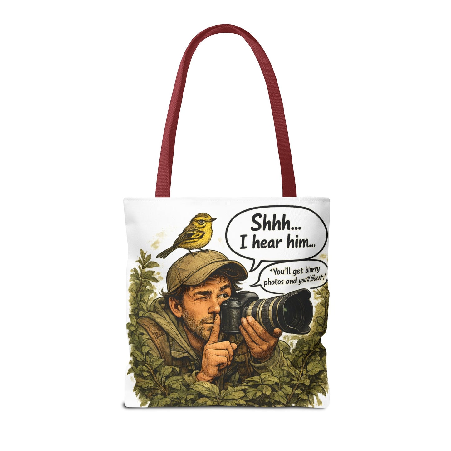 Wildlife Photographer Tote Bag – "Shhh... I hear him" Birdwatching Camera Print