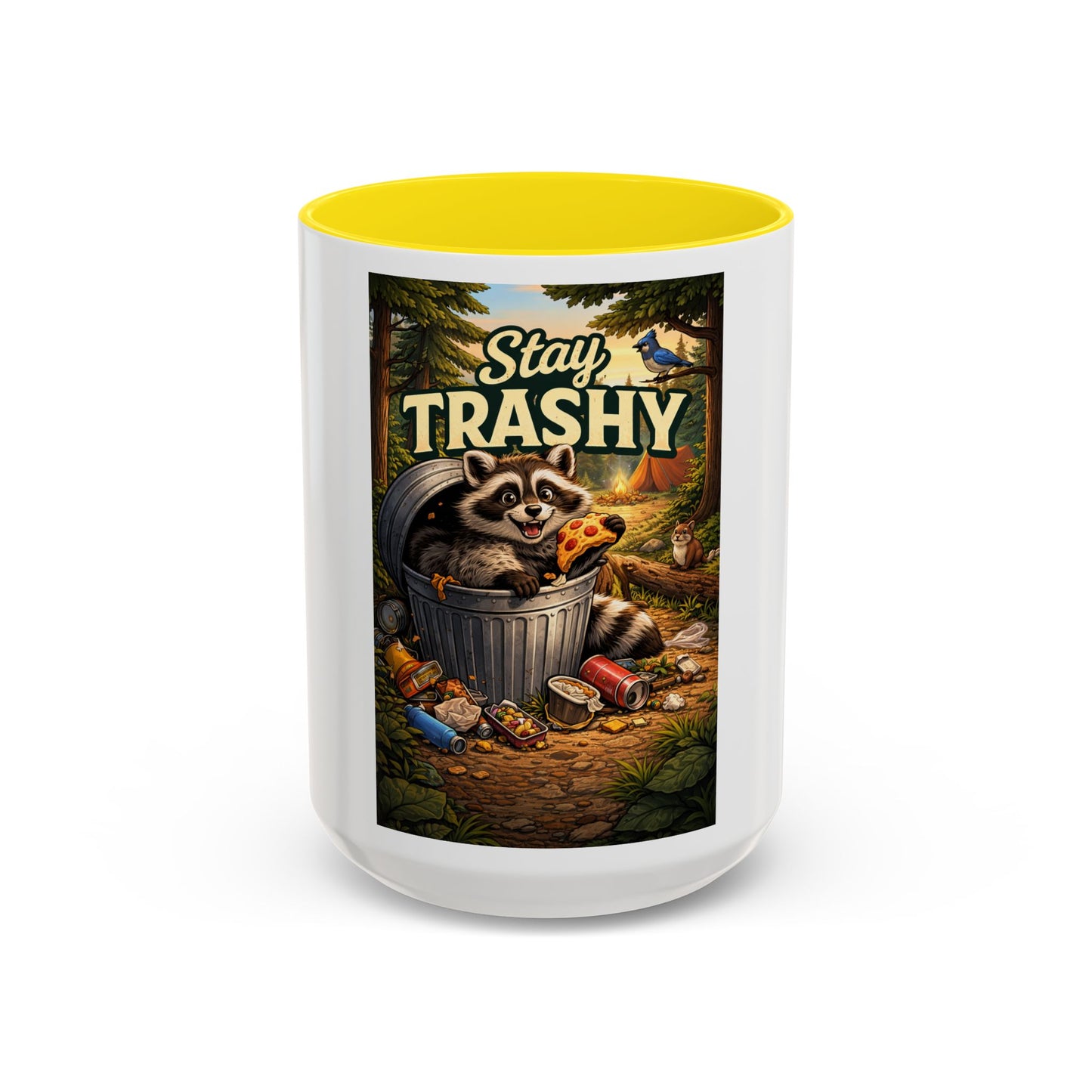 Stay Trashy Coffee Mug — Funny Raccoon Trash Can Design, Novelty Gift for Friends & Family