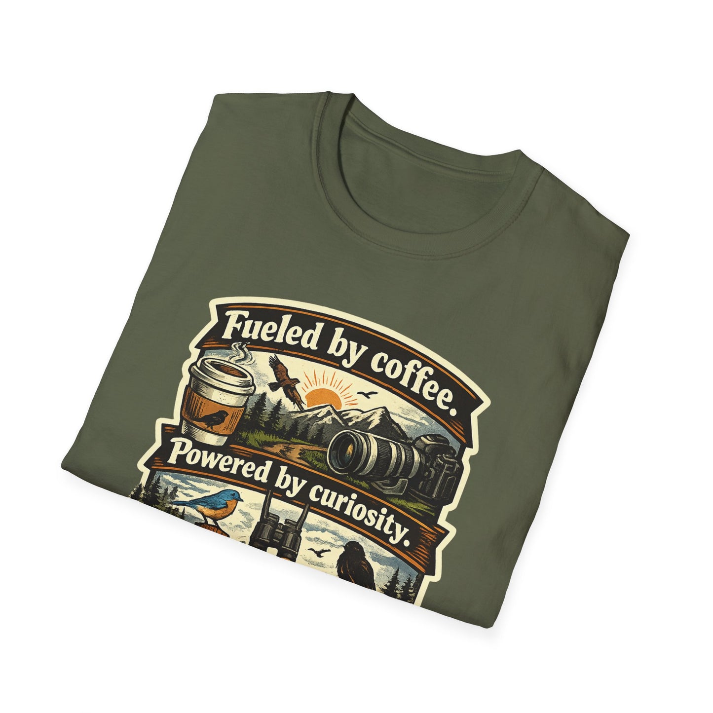 Birdwatcher Graphic T-Shirt — "Fueled by Coffee. Powered by Curiosity. Braking for Birds."
