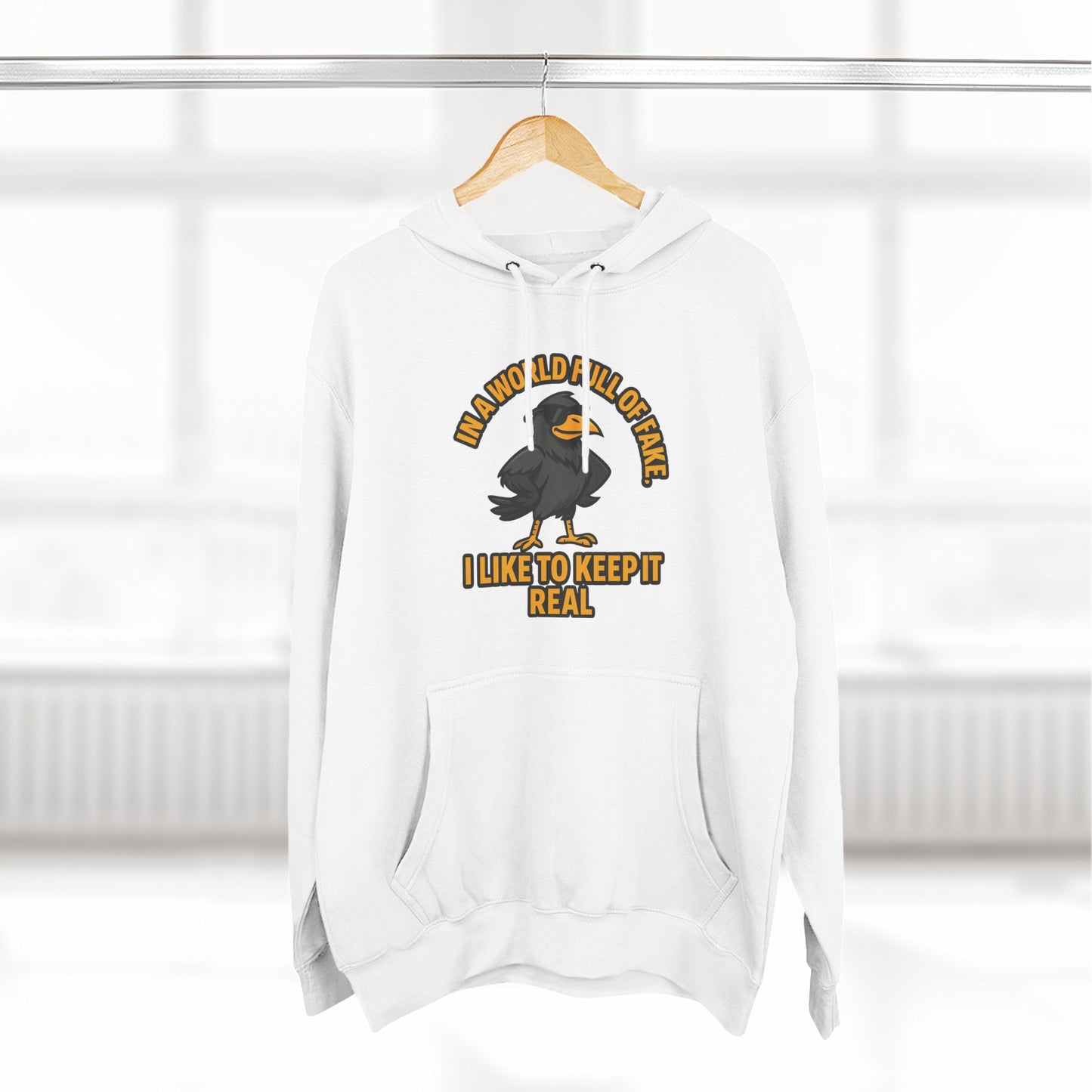 Three-Panel Hoodie — Funny Ostrich "I Like to Keep It Real" Graphic