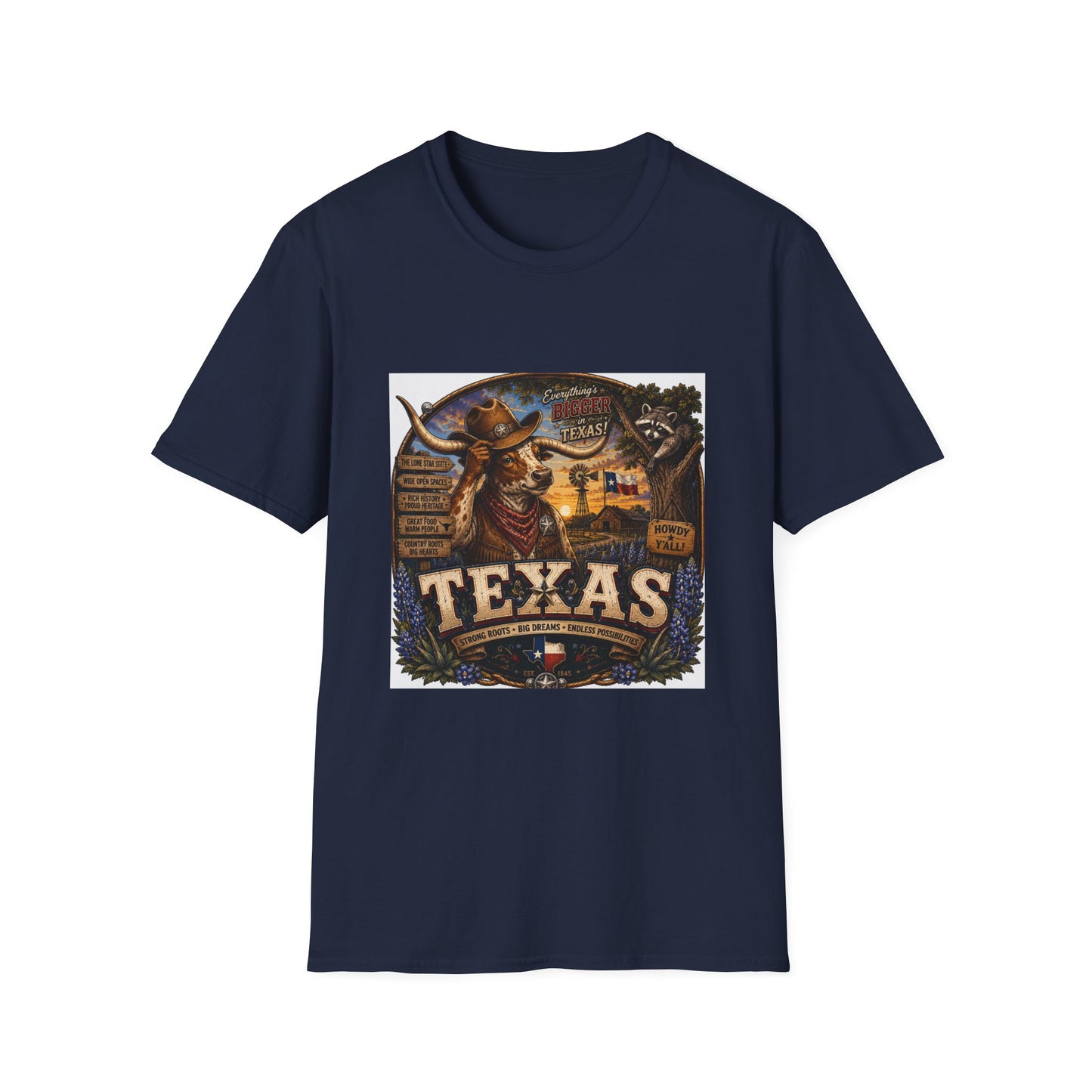 Texas Retro Cowboy T-Shirt — Vintage Longhorn & Raccoon Road Sign Design