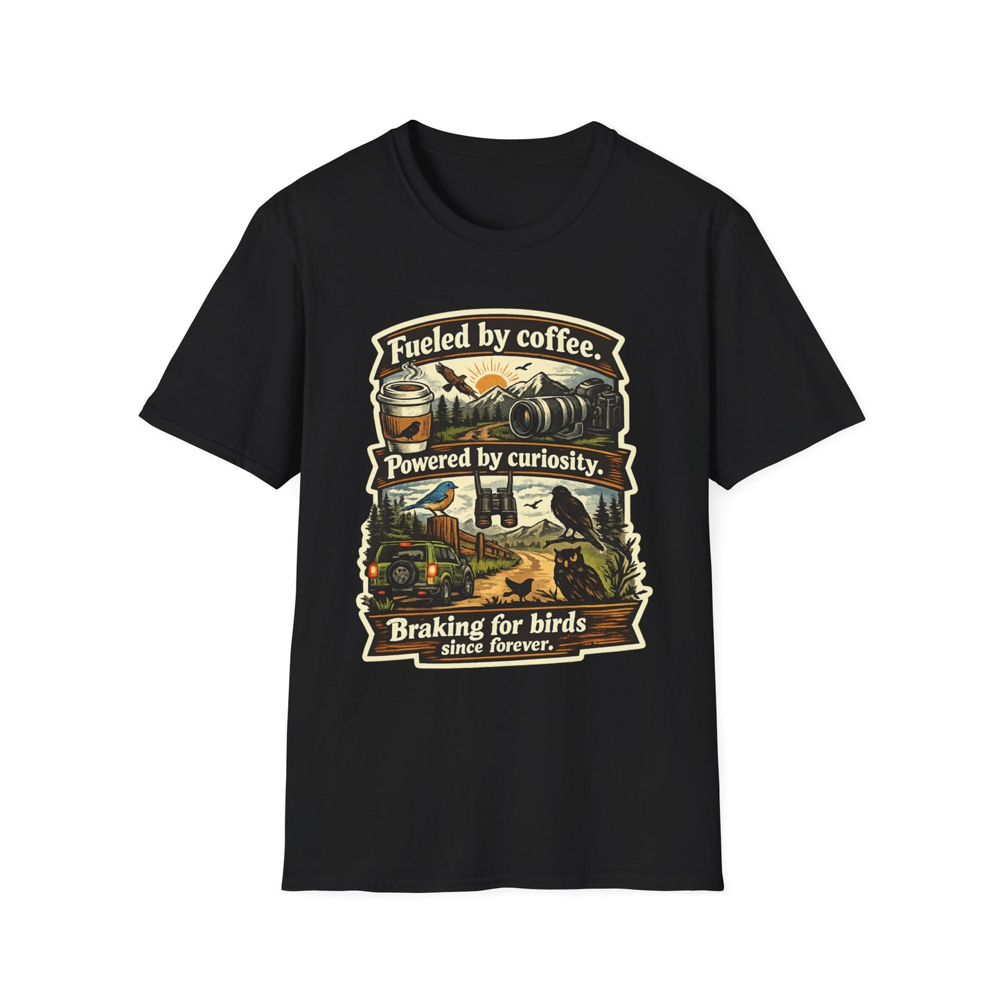 Birdwatcher Graphic T-Shirt — "Fueled by Coffee. Powered by Curiosity. Braking for Birds."