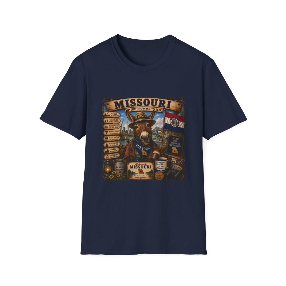 Missouri Vintage Donkey T-Shirt — State Map, Landmarks & Flag Graphic