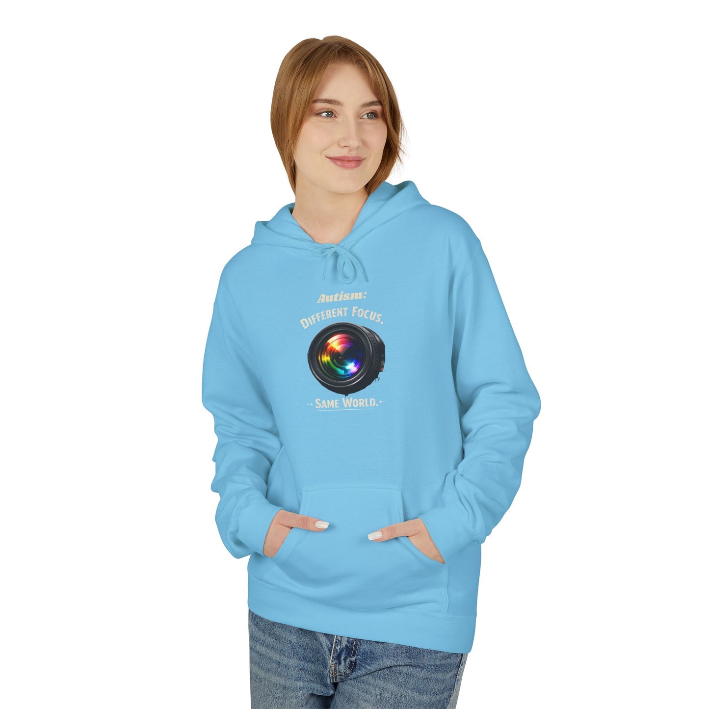 Hoodie — 'Different Not Less, Same World' Rainbow Eye Graphic