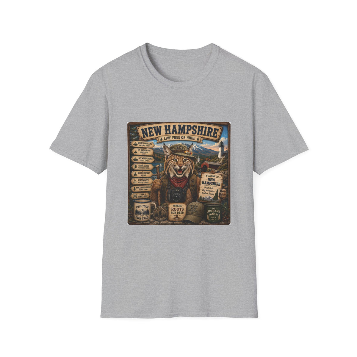 New Hampshire T-Shirt — 'Live Free or Hike' Vintage Mountain Bobcat Design