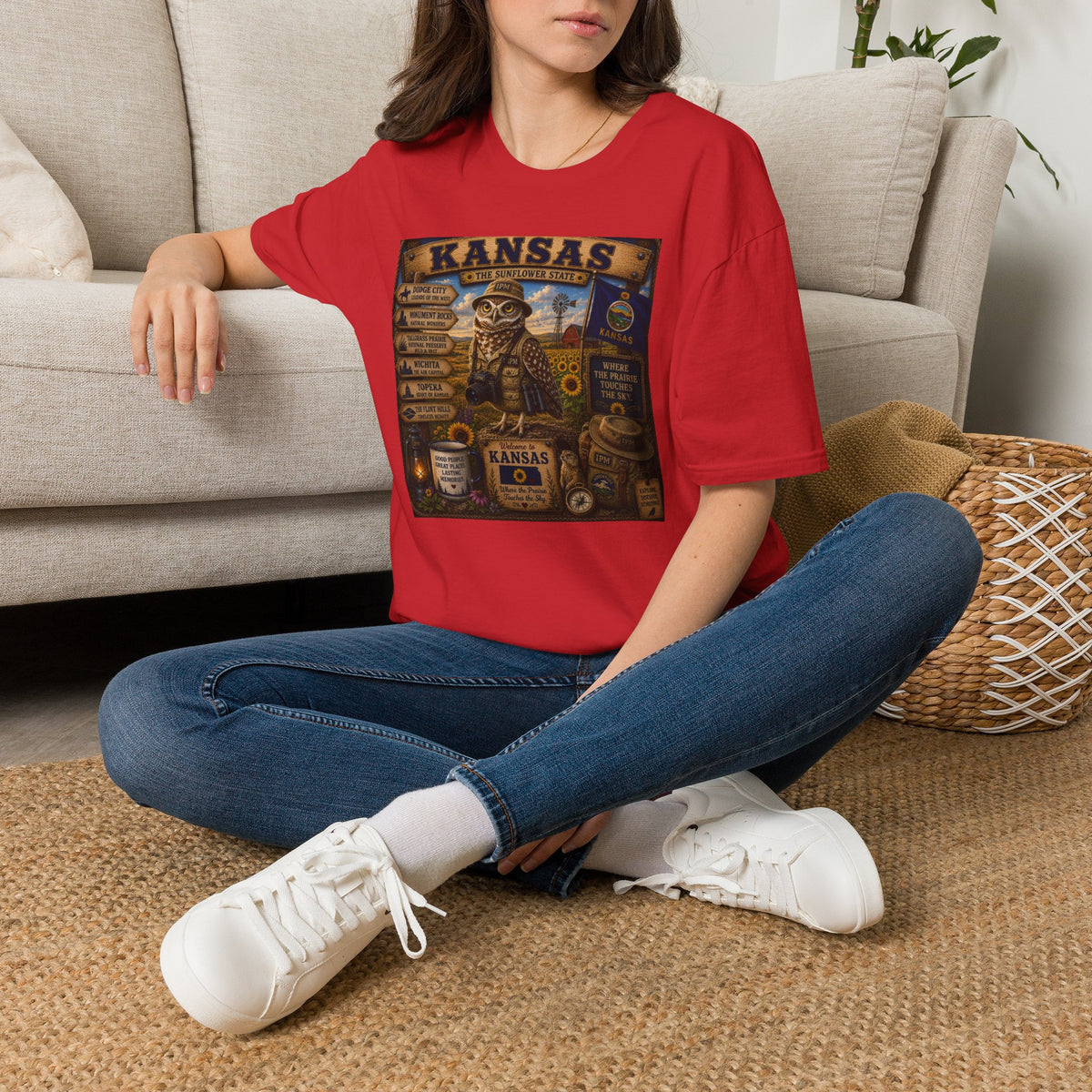 Kansas Vintage State Map T‑Shirt — Sunflower State Owl Design