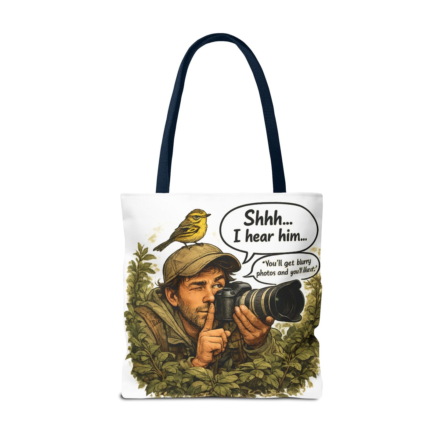 Wildlife Photographer Tote Bag – "Shhh... I hear him" Birdwatching Camera Print