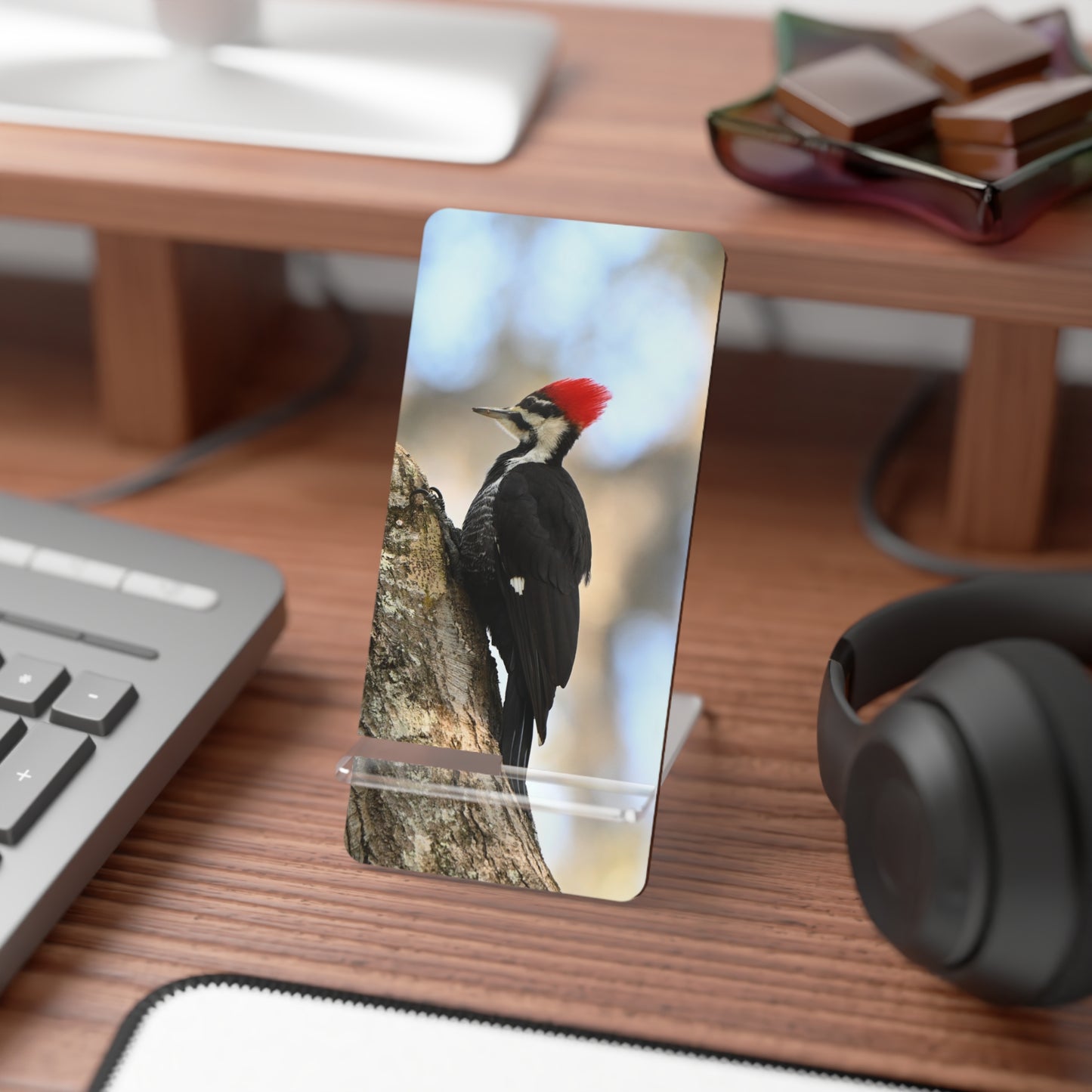 Woodpecker Phone Stand — Acrylic Mobile Display Stand for Smartphones
