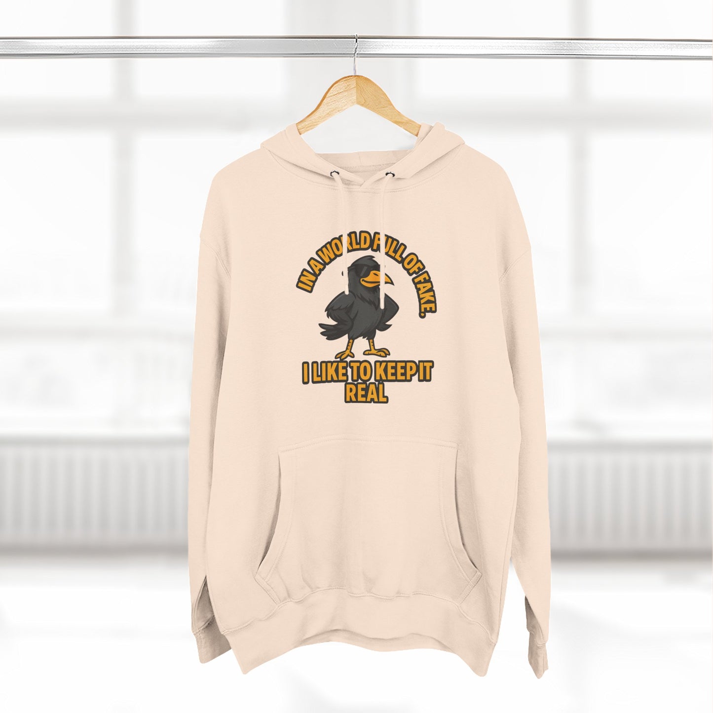 Three-Panel Hoodie — Funny Ostrich "I Like to Keep It Real" Graphic