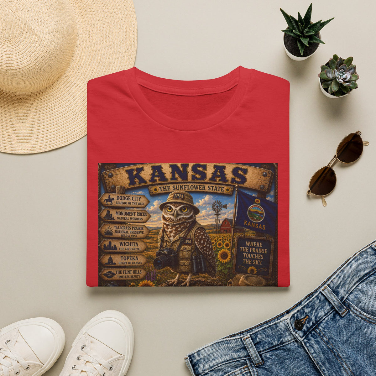 Kansas Vintage State Map T‑Shirt — Sunflower State Owl Design