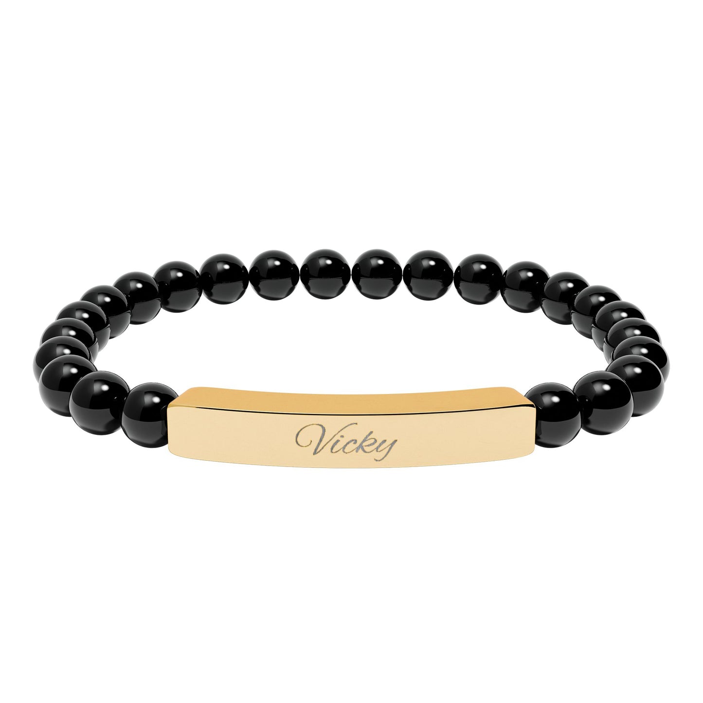 Engravable Natural Stone Bar Bracelet — Stretch Beaded Personalized Jewelry