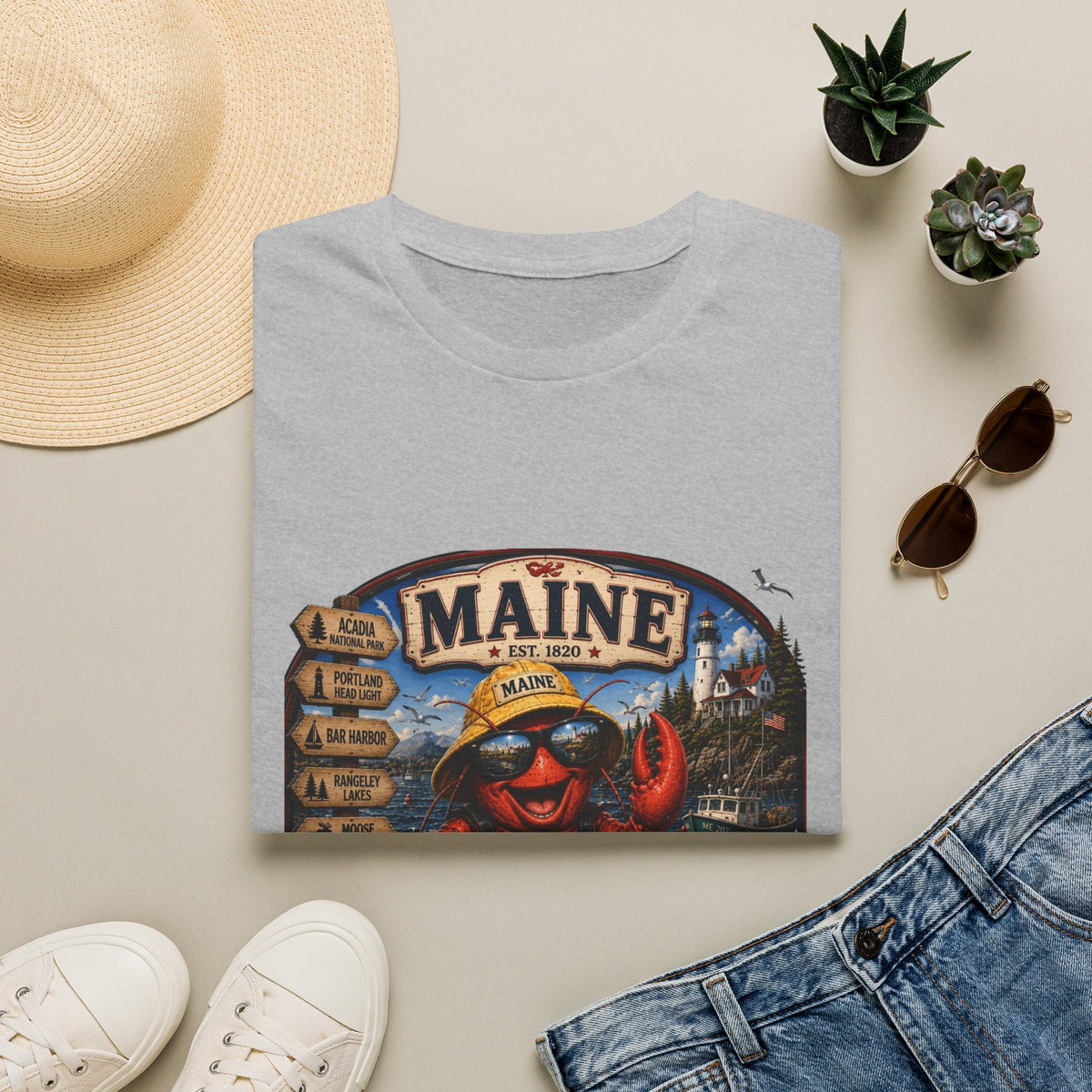Maine Lobster Souvenir T-Shirt — Vintage Coastal Travel Design