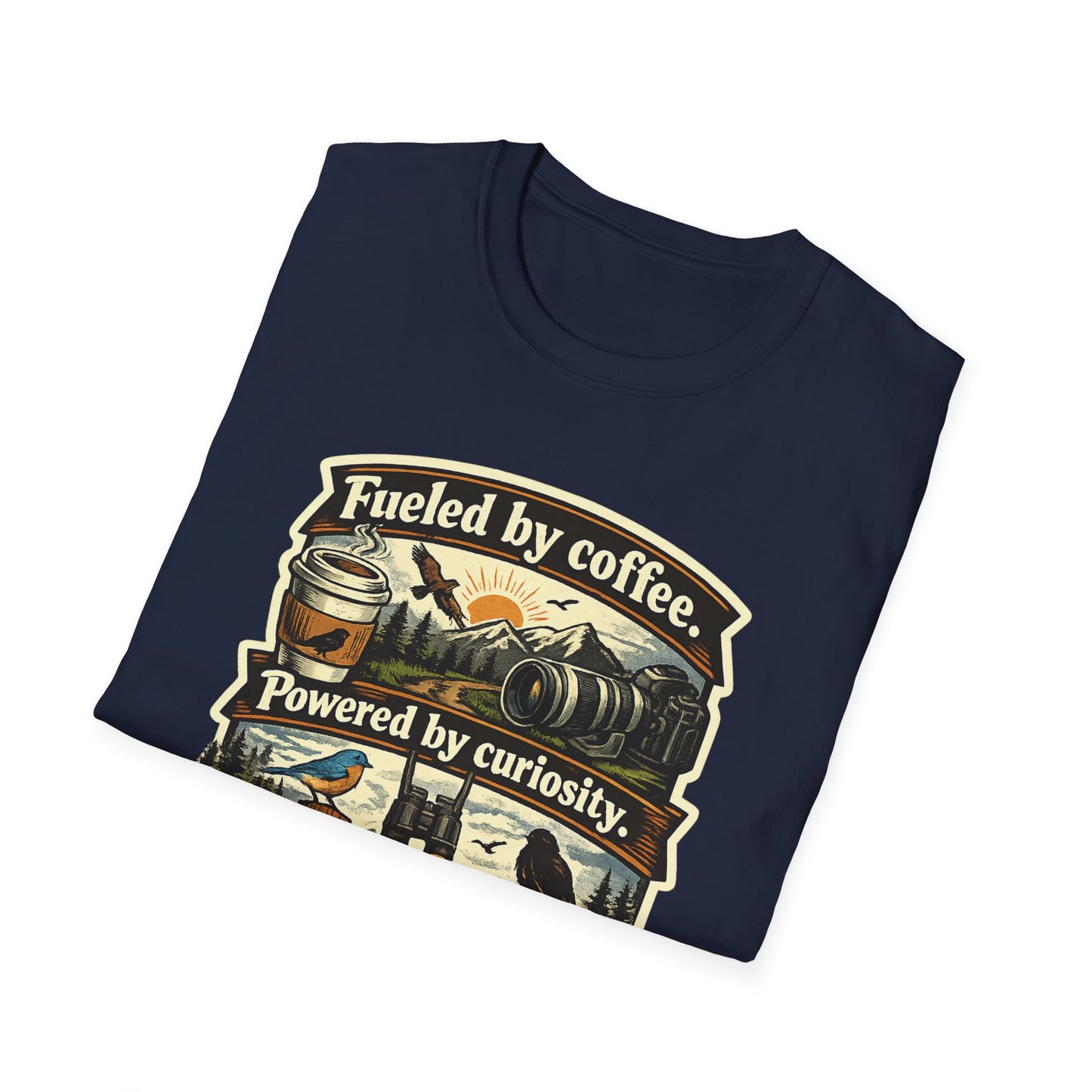 Birdwatcher Graphic T-Shirt — "Fueled by Coffee. Powered by Curiosity. Braking for Birds."