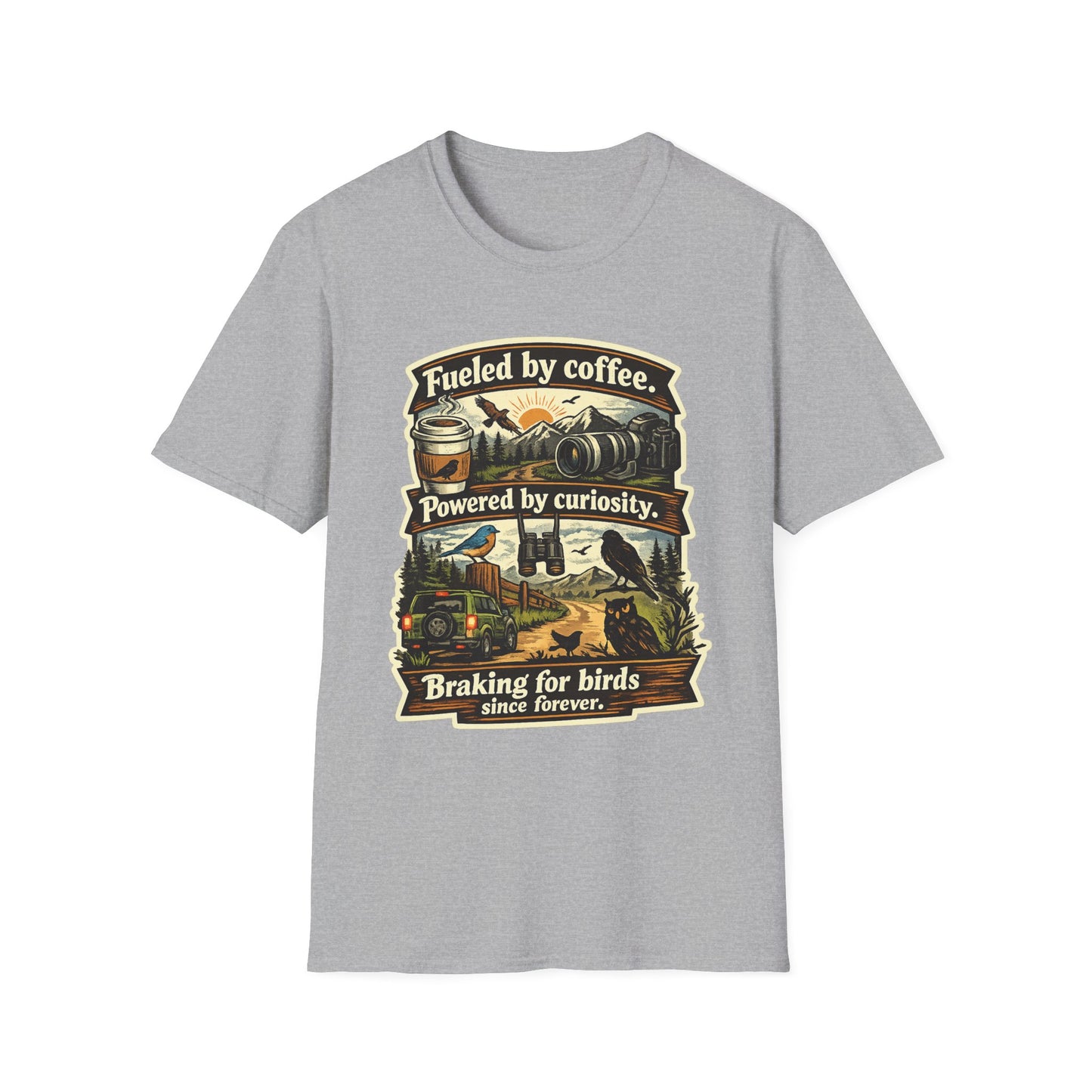 Birdwatcher Graphic T-Shirt — "Fueled by Coffee. Powered by Curiosity. Braking for Birds."