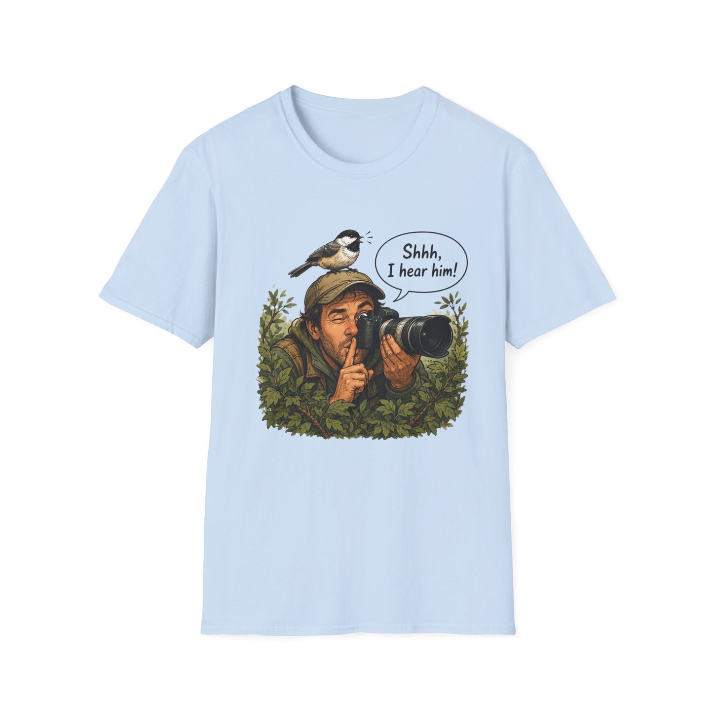 Birdwatcher Photographer T‑Shirt — “Shhh, I hear him!” Nature Lover Tee