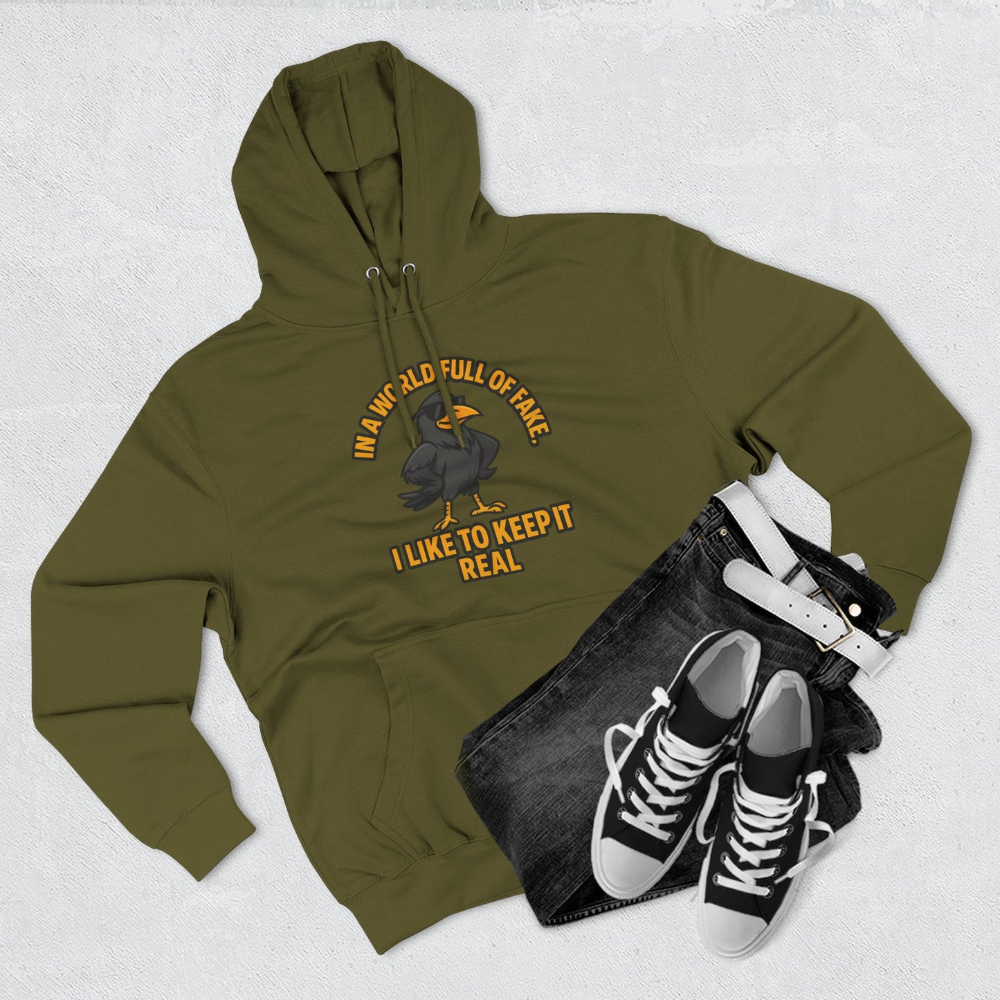 Three-Panel Hoodie — Funny Ostrich "I Like to Keep It Real" Graphic