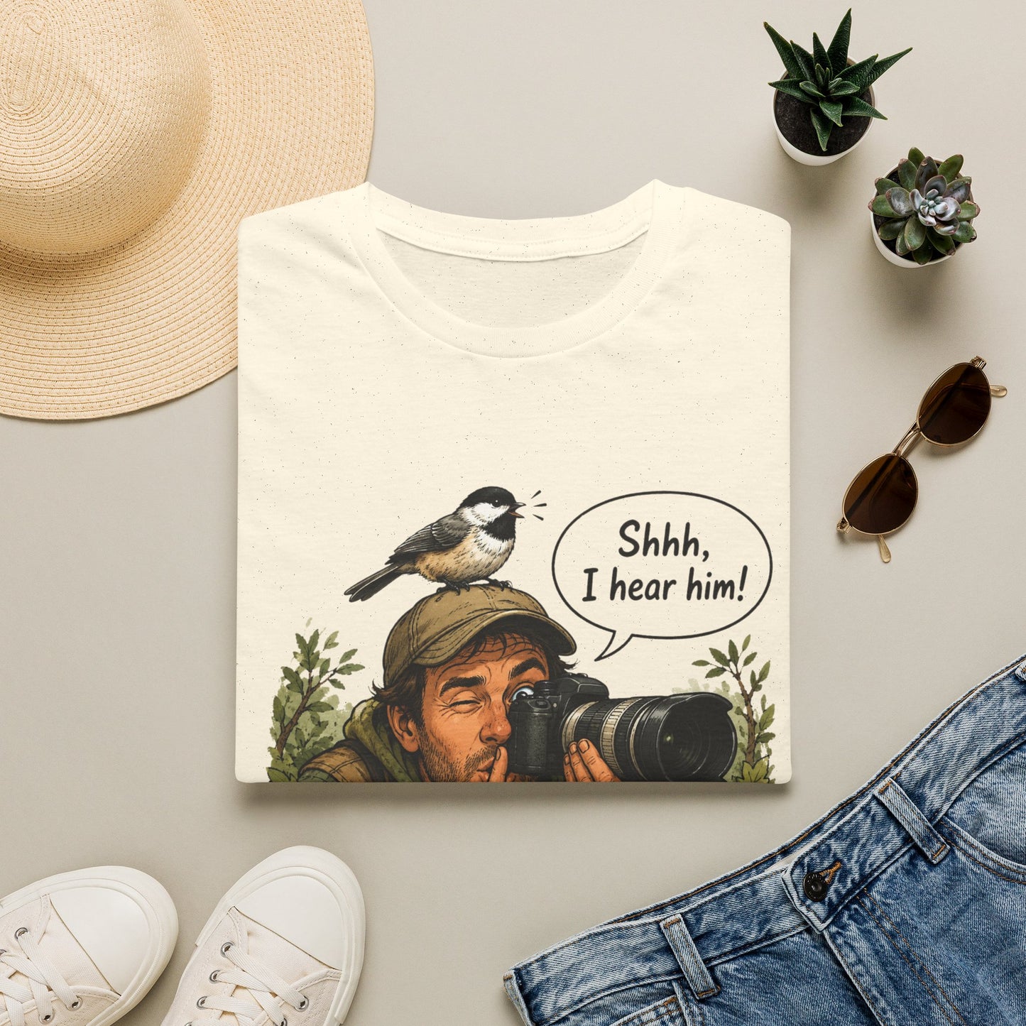 Birdwatcher Photographer T‑Shirt — “Shhh, I hear him!” Nature Lover Tee