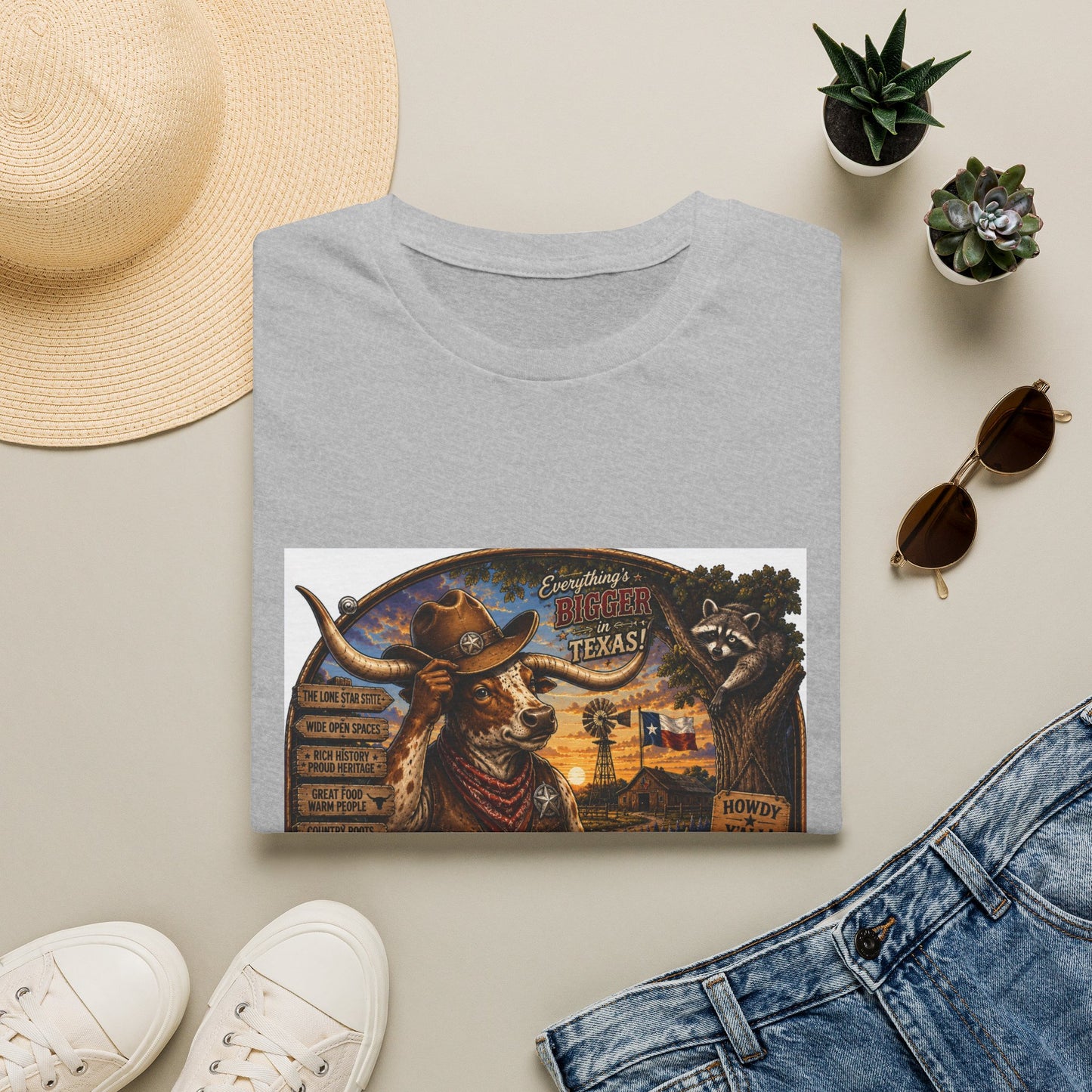 Texas Retro Cowboy T-Shirt — Vintage Longhorn & Raccoon Road Sign Design
