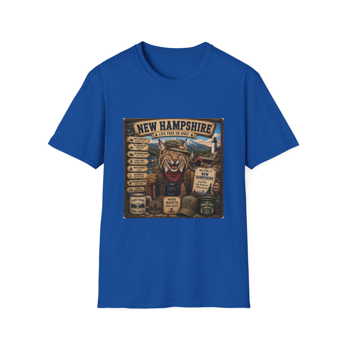 New Hampshire T-Shirt — 'Live Free or Hike' Vintage Mountain Bobcat Design