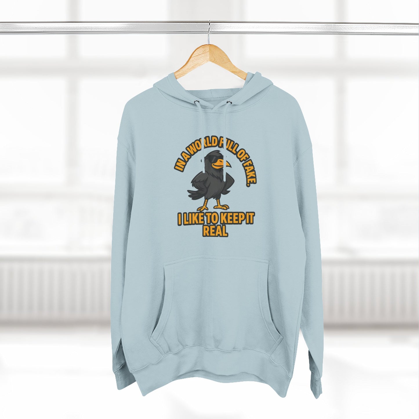 Three-Panel Hoodie — Funny Ostrich "I Like to Keep It Real" Graphic
