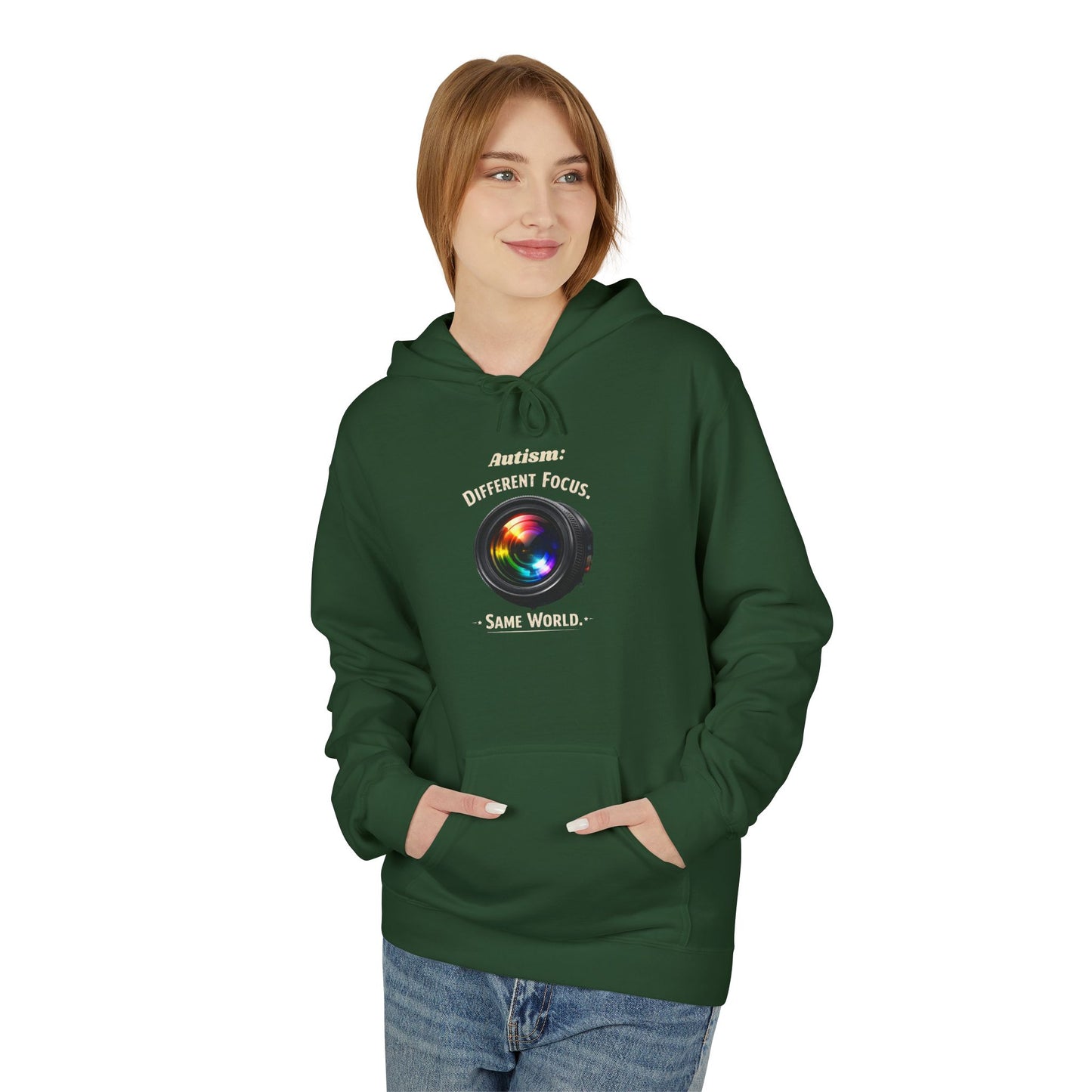 Hoodie — 'Different Not Less, Same World' Rainbow Eye Graphic
