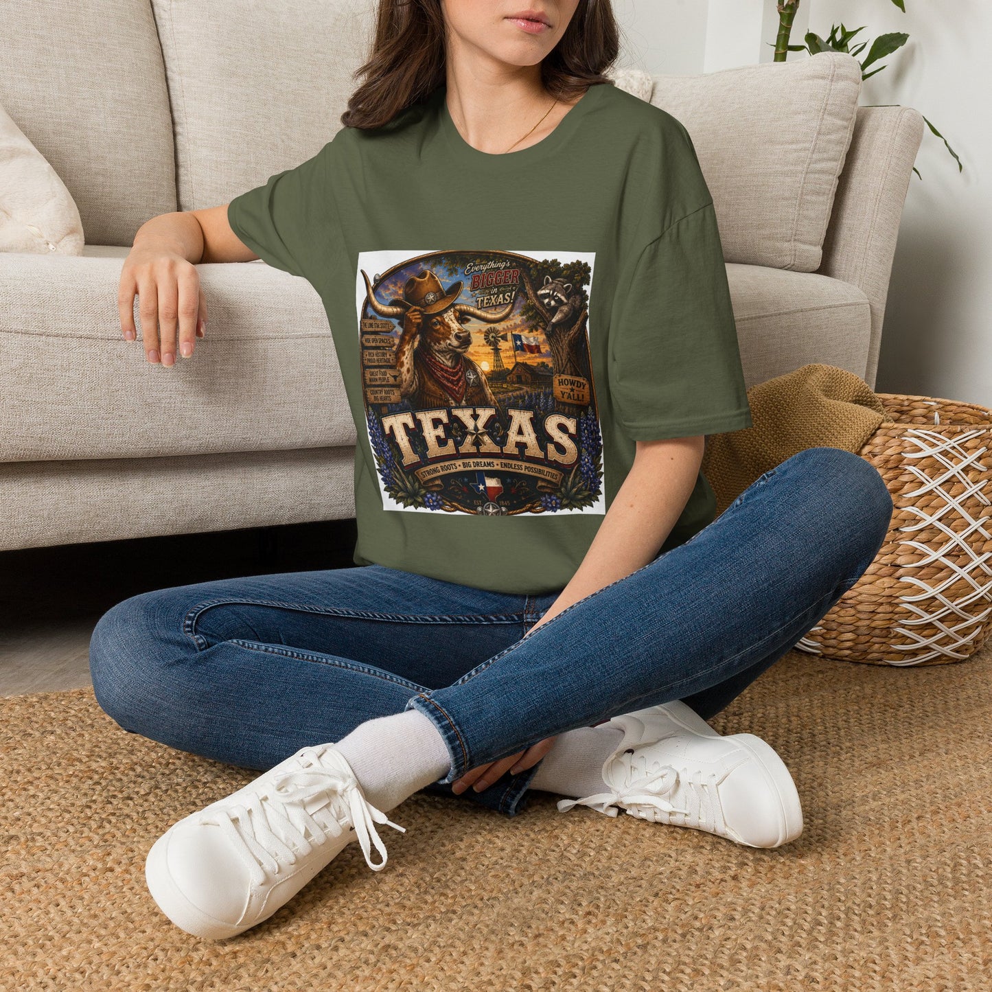 Texas Retro Cowboy T-Shirt — Vintage Longhorn & Raccoon Road Sign Design