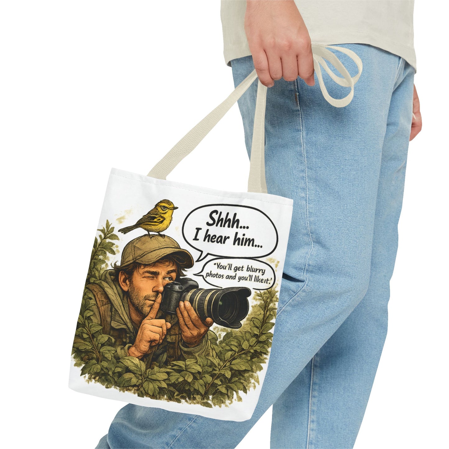 Wildlife Photographer Tote Bag – "Shhh... I hear him" Birdwatching Camera Print