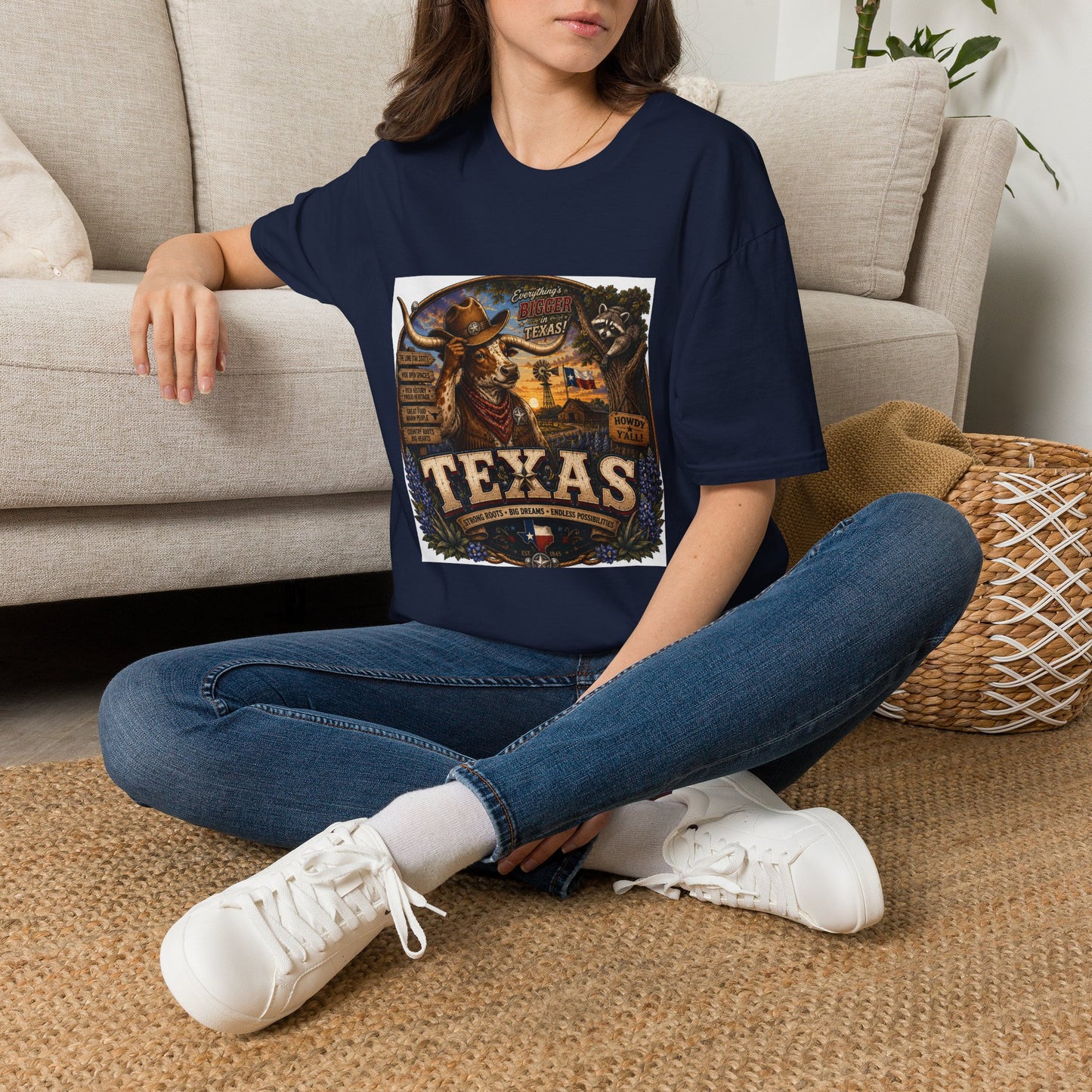 Texas Retro Cowboy T-Shirt — Vintage Longhorn & Raccoon Road Sign Design