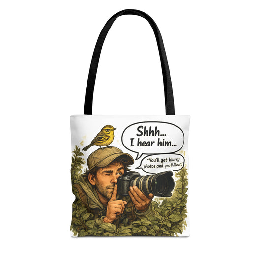 Wildlife Photographer Tote Bag – "Shhh... I hear him" Birdwatching Camera Print